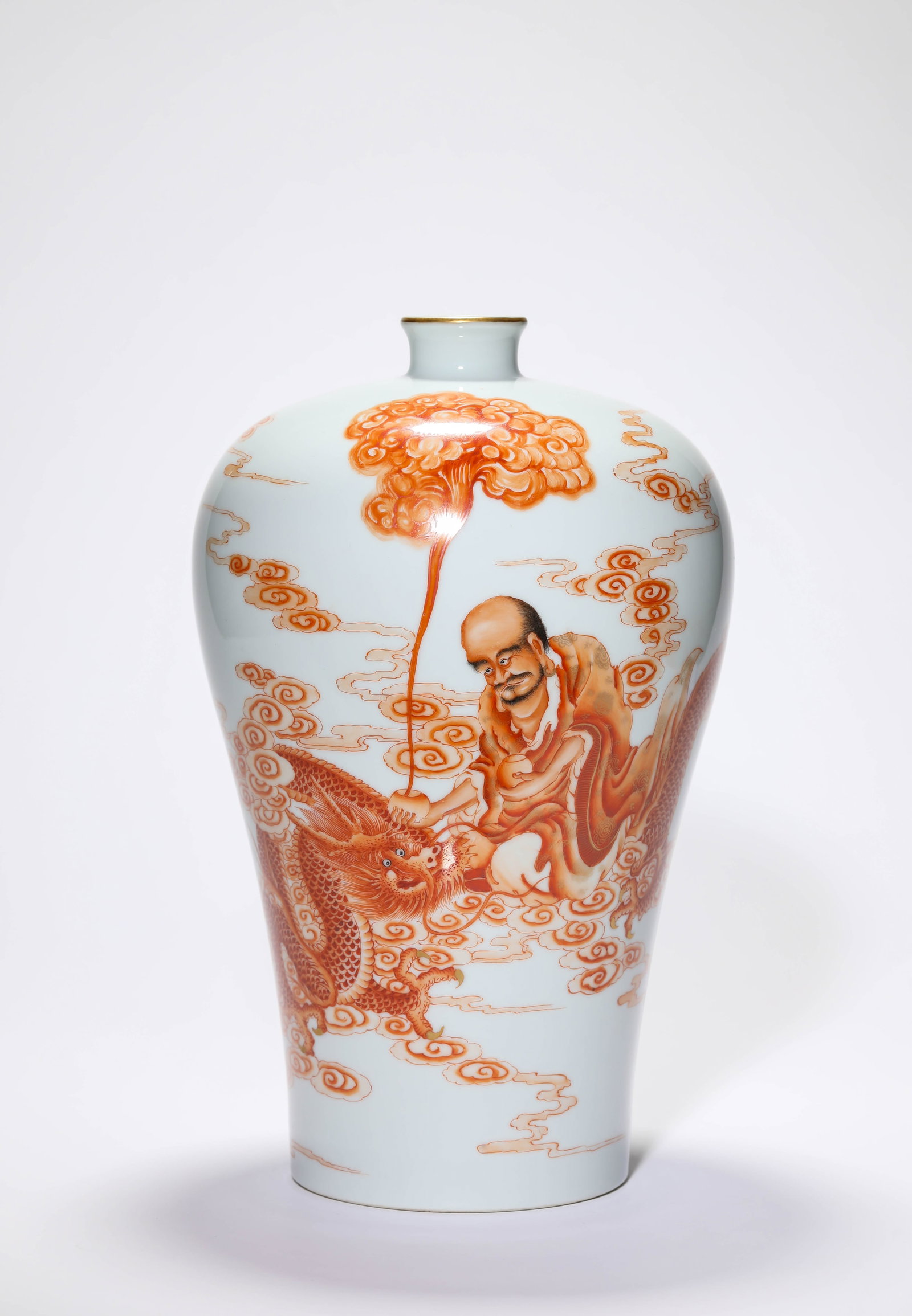 A WHITE-GROUND IRON-RED ?AUSPICIOUS DRAGON AND ARHAT WITH POEM? MEIPING: A WHITE-GROUND IRON-RED ?AUSPICIOUS DRAGON AND ARHAT WITH POEM? MEIPING Description: Dimensions: Width: 19.5 cm x Height: 30.7 cm. All measurements are approximate.