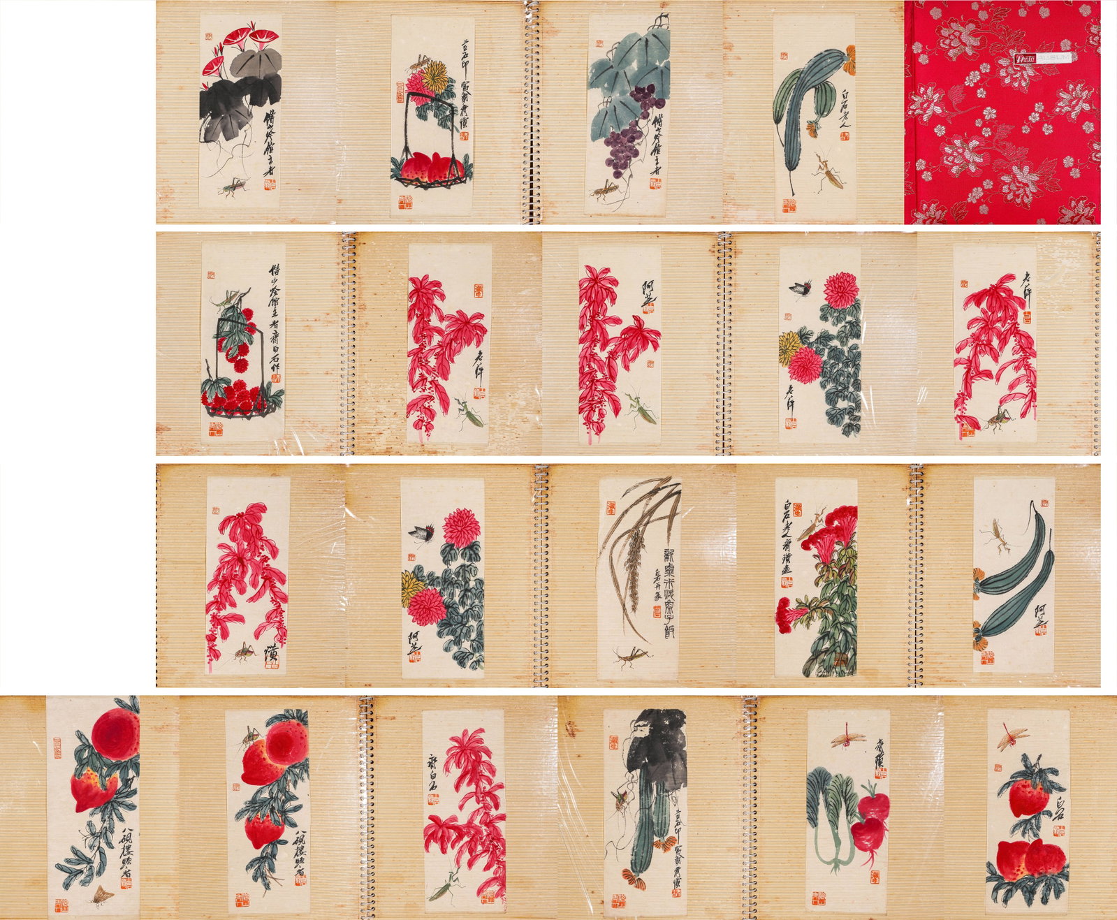 QI BAISHI (1864-1957), ATTRIBUTED TO, FLOWERS, MELONS AND INSECTS ALBUM LEAVES: QI BAISHI (1864-1957), ATTRIBUTED TO, FLOWERS, MELONS AND INSECTS ALBUM LEAVES Description: Dimensions: Width: 33 cm x Height: 37 cm. All measurements are approximate.