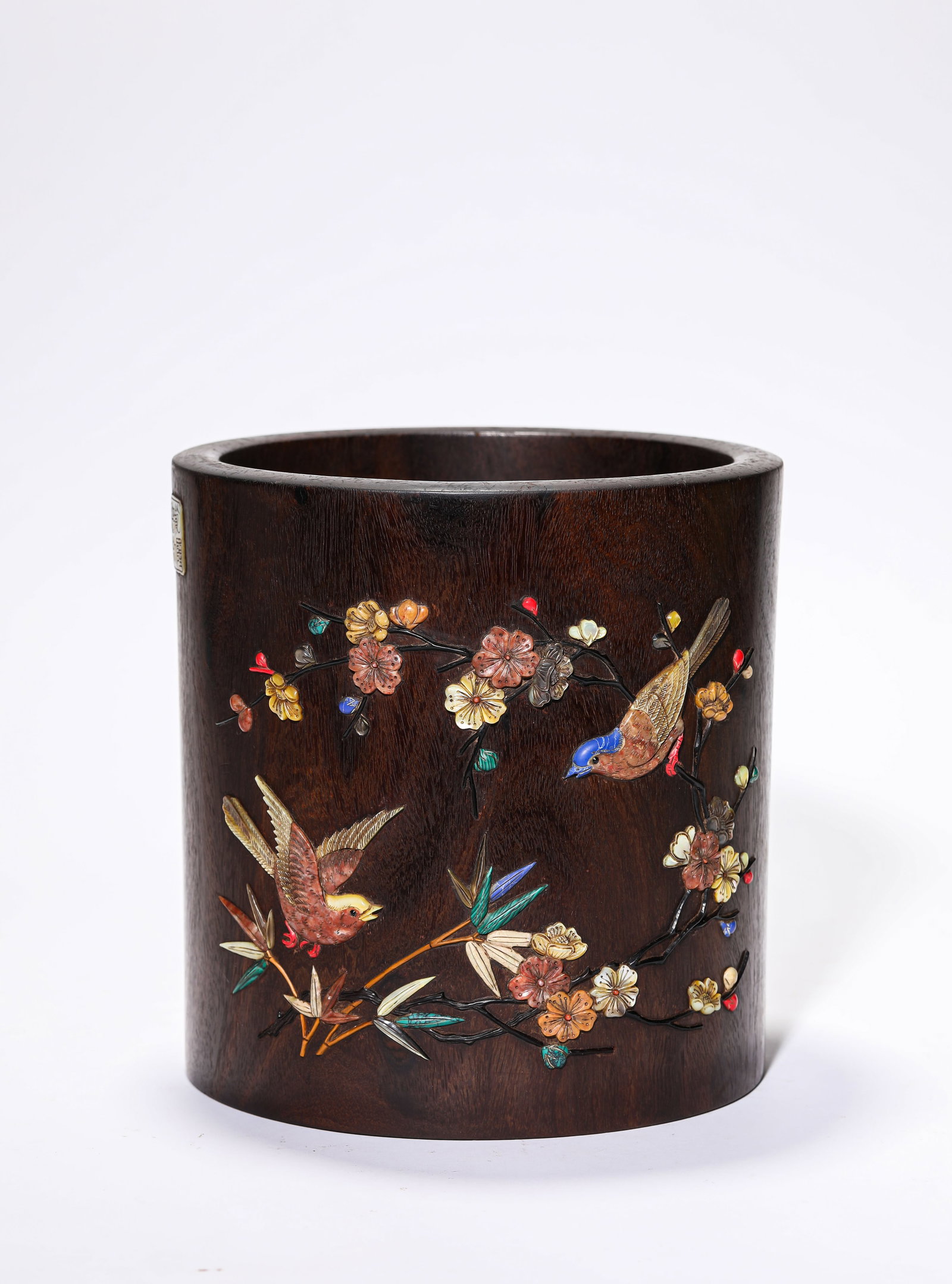 A WOOD AND ?HUNDRED TREASURES?-INLAID ?FLOWERS AND BIRDS? BRUSH POT: A WOOD AND ?HUNDRED TREASURES?-INLAID ?FLOWERS AND BIRDS? BRUSH POT Description: Dimensions: Width: 20 cm x Height: 20.3 cm. All measurements are approximate.