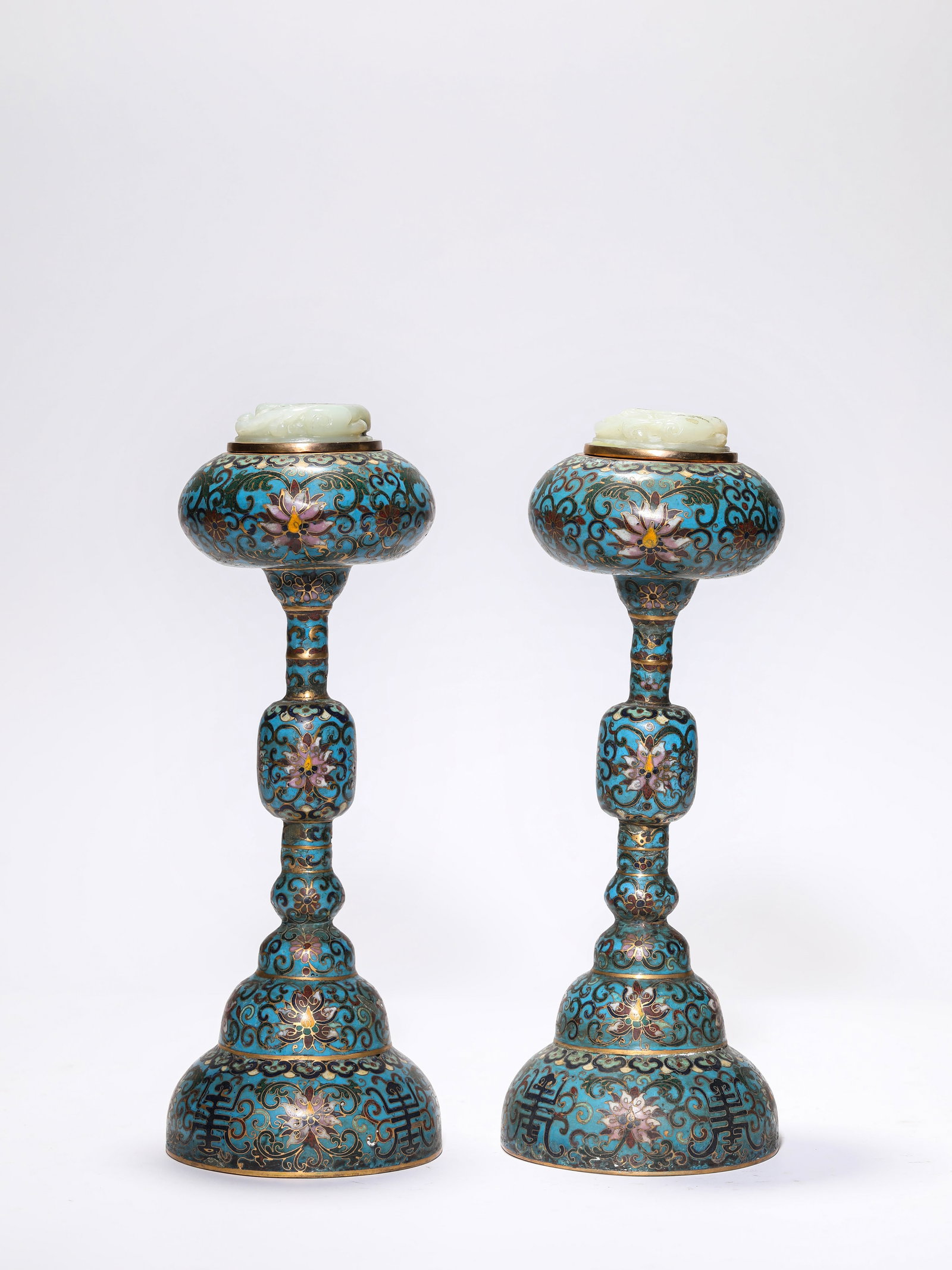 A PAIR OF CLOISONN‚ ENAMEL ?FLORAL? AND JADE-MOUNTED HAT FINIALS (1 of 7)