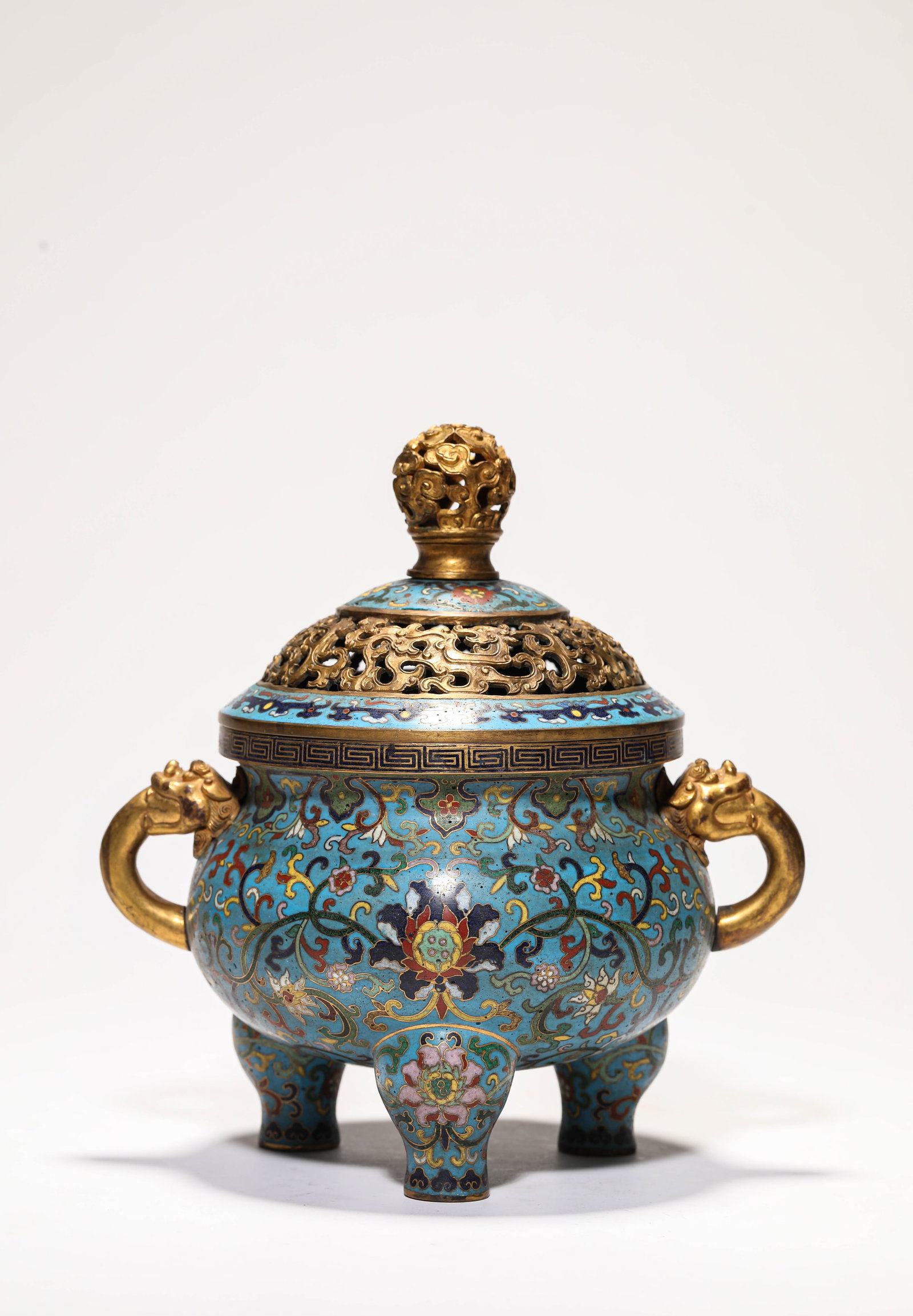 A CLOISONN‚ ENAMEL ?LOTUS? CENSER: A CLOISONN‚ ENAMEL ?LOTUS? CENSER Description: Dimensions: Weight: 1268 g. Length: 19.8 cm x Width: 14.9 cm x Height: 20.3 cm. All measurements are approximate.