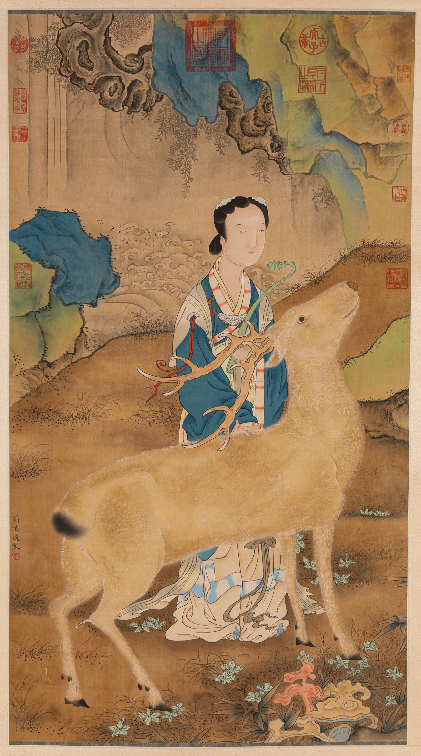 LIU GUANDAO (ACT. 13TH CENTURY), ATTRIBUTED TO, MAGU PRESENTING THE PEACHES OF IMMORTALITY: LIU GUANDAO (ACT. 13TH CENTURY), ATTRIBUTED TO, MAGU PRESENTING THE PEACHES OF IMMORTALITY Description: Dimensions: Width: 63.5 cm x Height: 115 cm. All measurements are approximate.