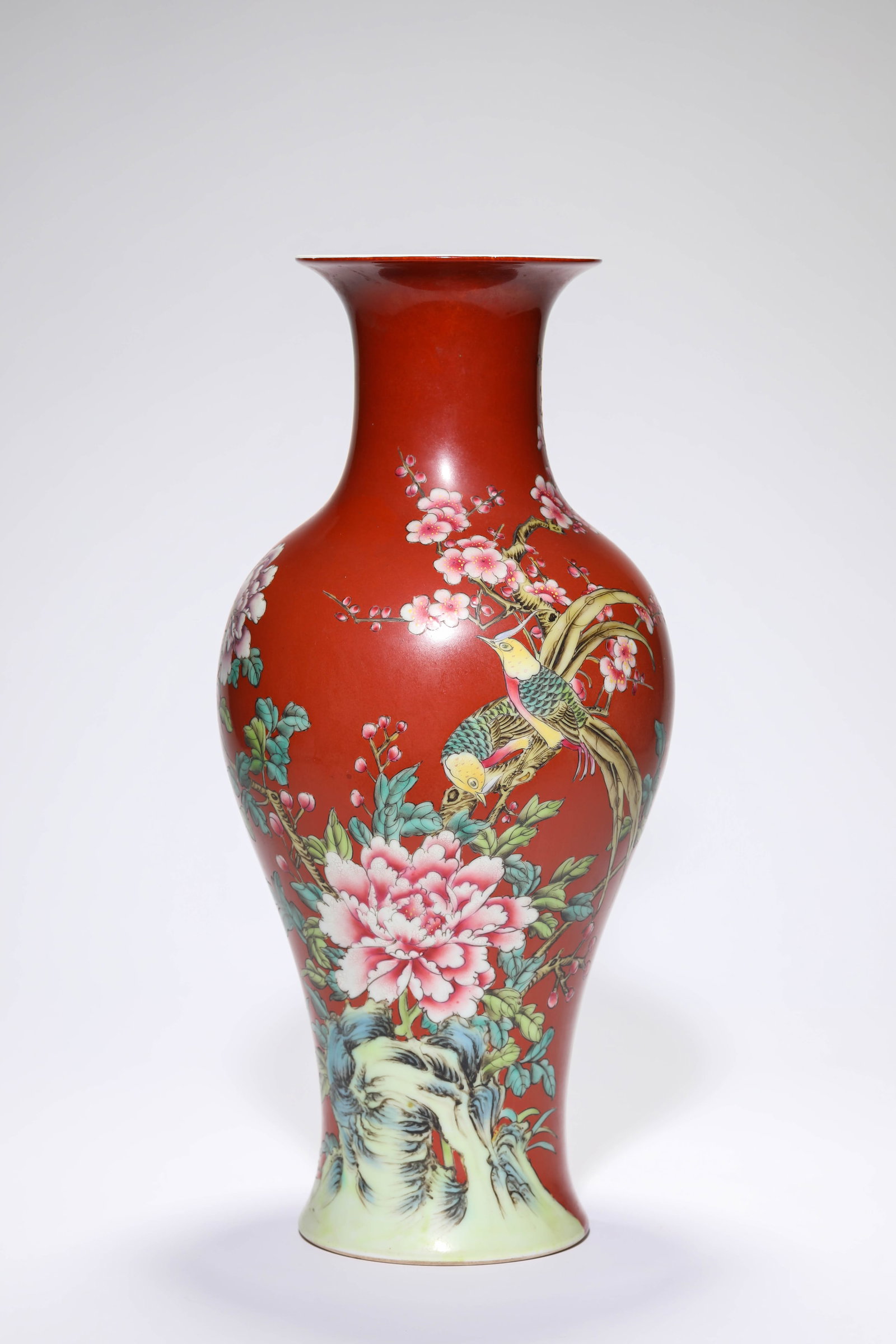 A CORAL-RED-GROUND ?FLORAL? ?OLIVE-FORM? VASE: A CORAL-RED-GROUND ?FLORAL? ?OLIVE-FORM? VASE Description: Dimensions: Width: 17.6 cm x Height: 38.2 cm. All measurements are approximate.
