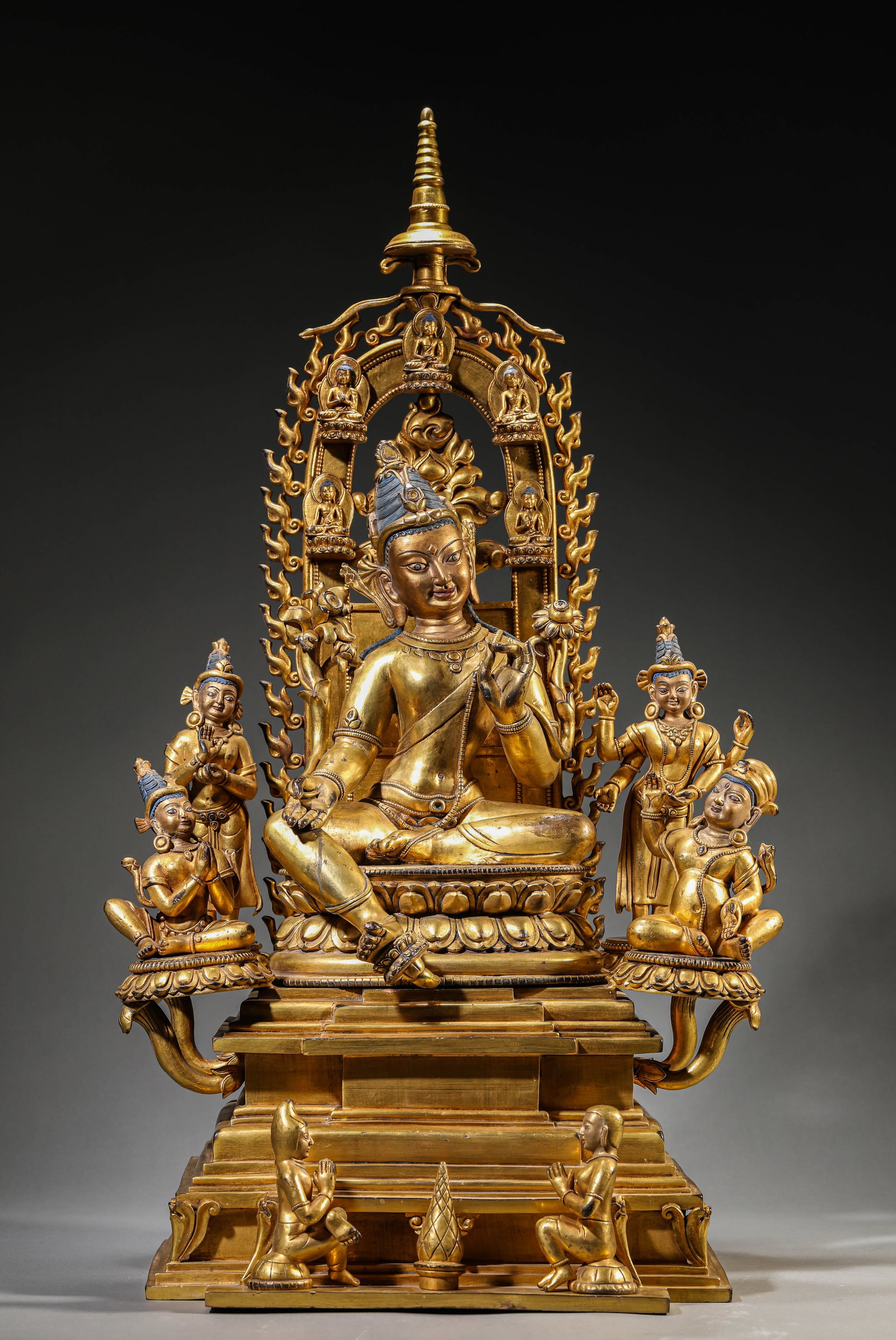 A GILT-BRONZE FIGURE OF TARA: A GILT-BRONZE FIGURE OF TARA Description: Dimensions: Weight: 30200 g. Length: 34.5 cm x Width: 28.5 cm x Height: 73.5 cm. All measurements are approximate.
