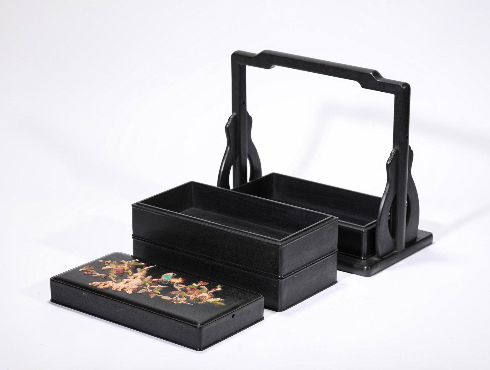 A ZITAN AND ?HUNDRED TREASURES?-INLAID ?FLOWERS AND BIRDS? TIERED BOX: A WOOD AND ?HUNDRED TREASURES?-INLAID ?FLOWERS AND BIRDS? TIERED BOX Description: Dimensions: Length: 39 cm x Width: 17 cm x Height: 26 cm. All measurements are approximate.