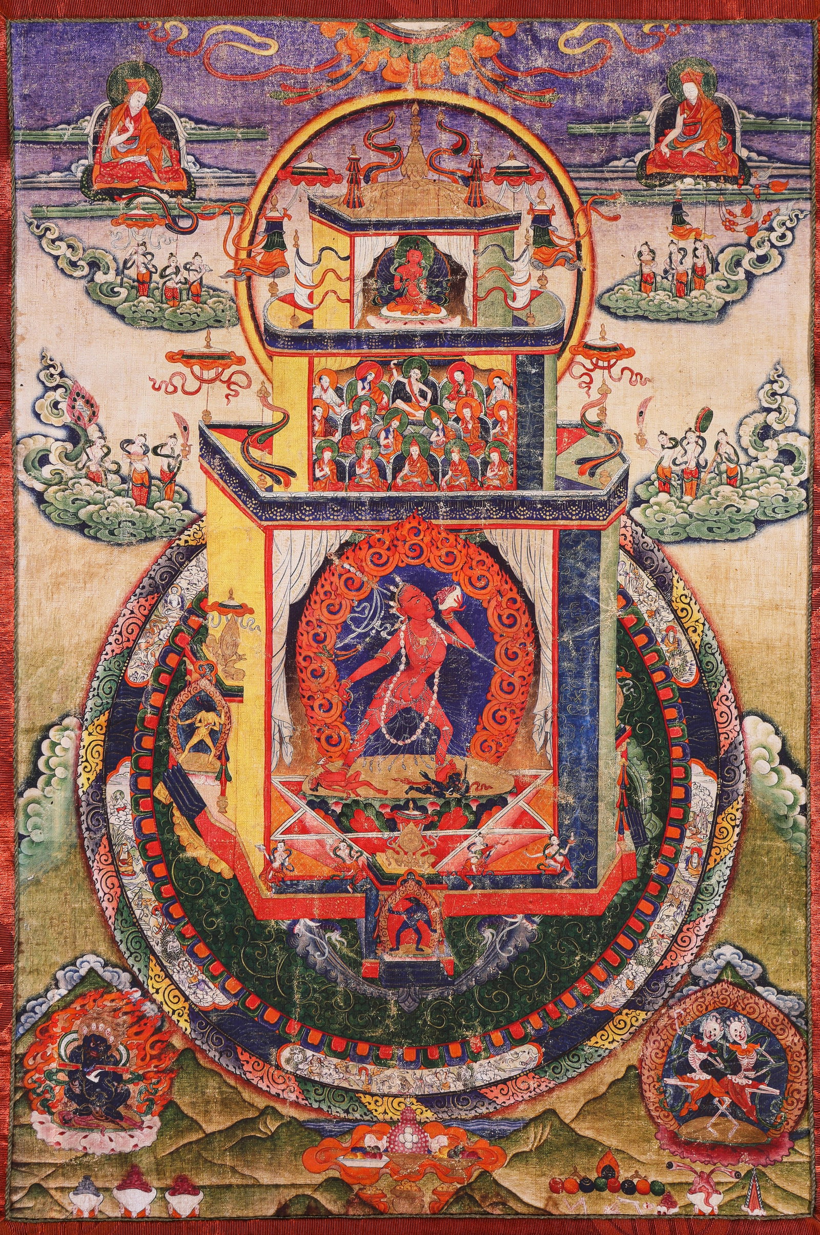 A THANGKA OF THE DAKINI MANDALA: A THANGKA OF THE DAKINI MANDALA Description: Dimensions: Width: 28 cm x Height: 42 cm. All measurements are approximate.