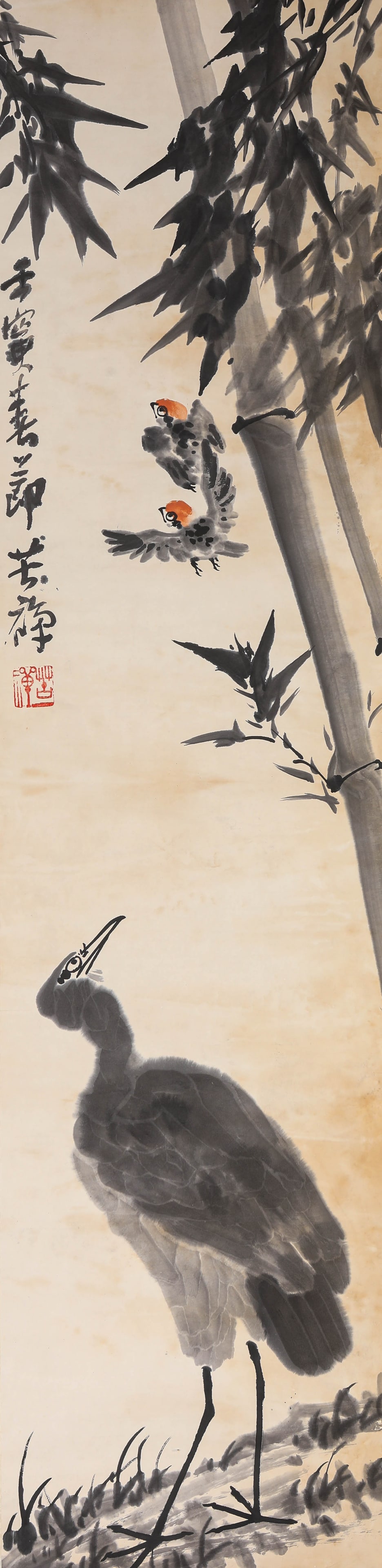 LI KUCHAN (1899-1983), ATTRIBUTED TO, BAMBOO AND BIRDS: LI KUCHAN (1899-1983), ATTRIBUTED TO, BAMBOO AND BIRDS Description: Dimensions: Width: 33.5 cm x Height: 138 cm. All measurements are approximate.