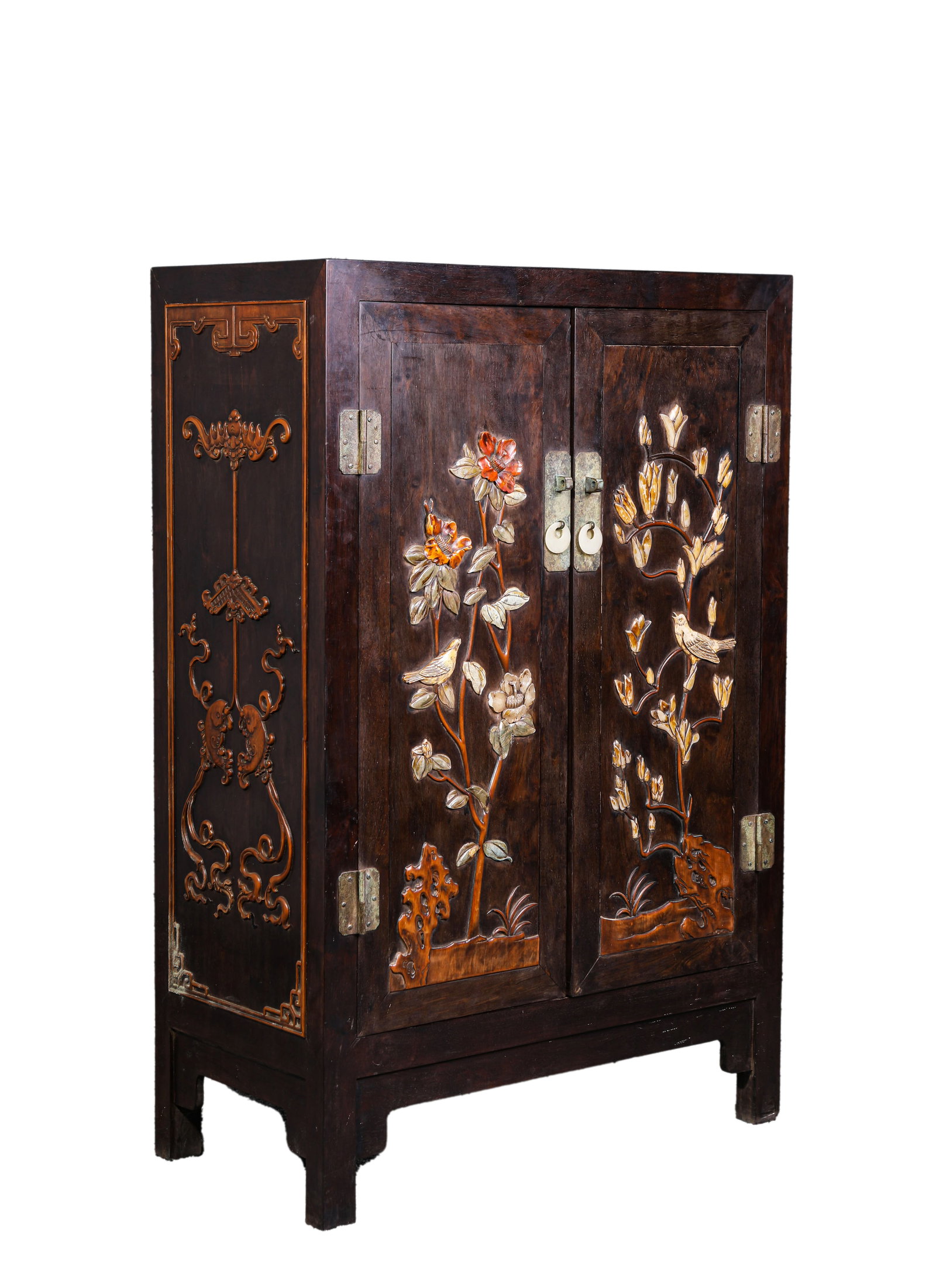 A WOOD AND ?HUNDRED TREASURES?-INLAID ?FLOWERS AND BIRDS? CABINET: A WOOD AND ?HUNDRED TREASURES?-INLAID ?FLOWERS AND BIRDS? CABINET Description: Dimensions: Length: 61.5 cm x Width: 30.5 cm x Height: 92 cm. All measurements are approximate.