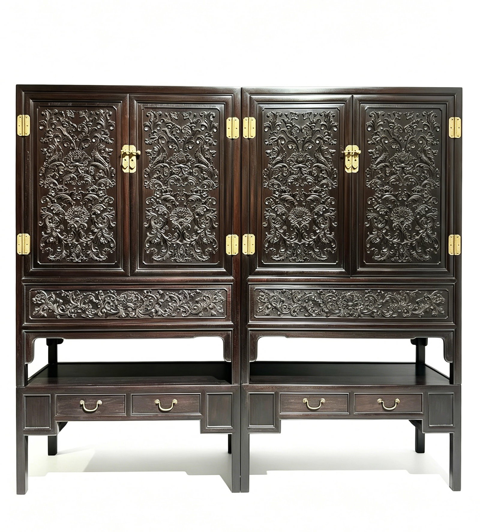 A PAIR OF WOOD ?CARVED FLORAL? CABINETS: A PAIR OF WOOD ?CARVED FLORAL? CABINETS Description: Dimensions: Length: 98 cm x Width: 40 cm x Height: 179.3 cm. All measurements are approximate.