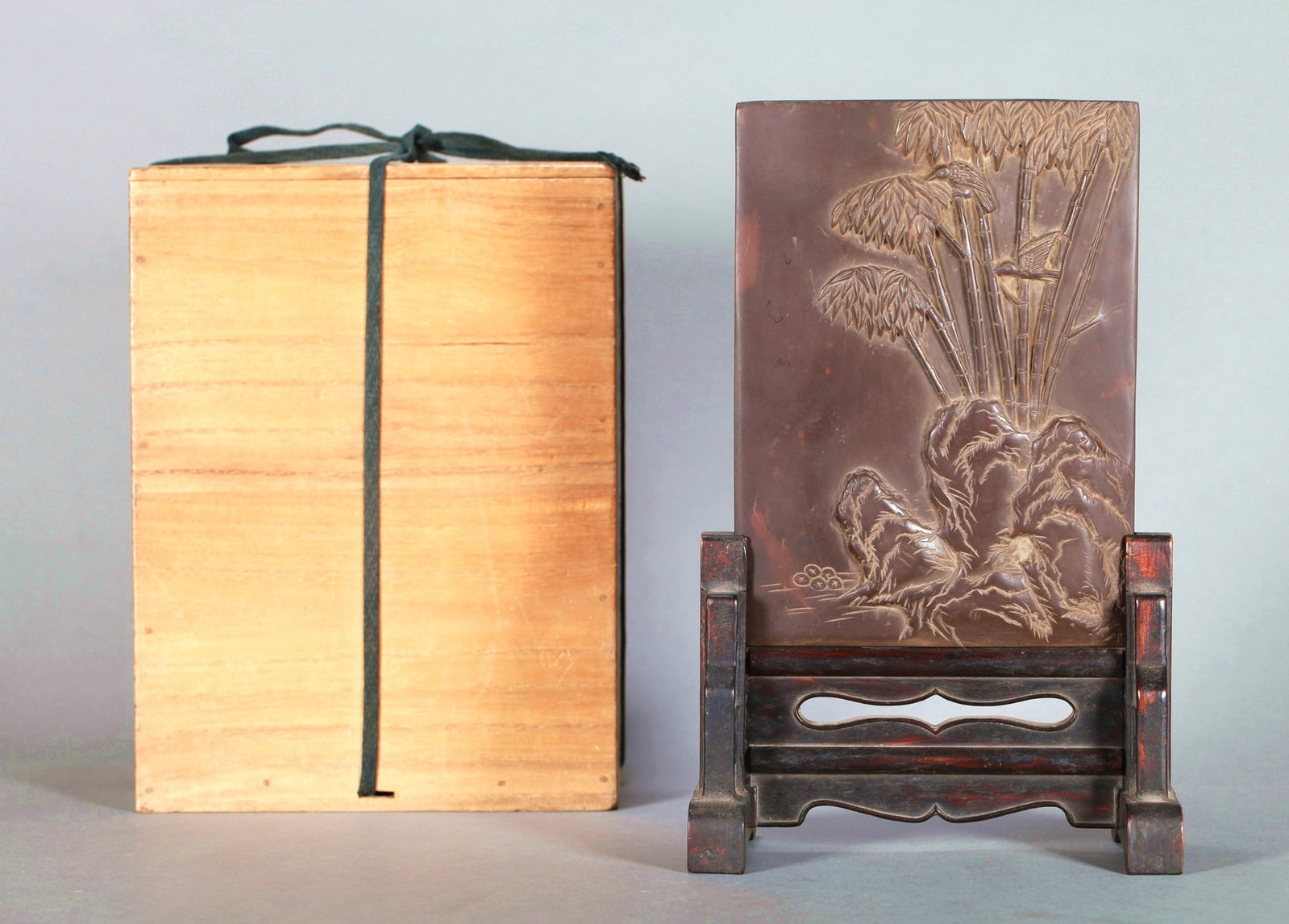 A DUAN STONE INK SCREEN WITH BAMBOO, ROCK, AND POEM (1 of 9)