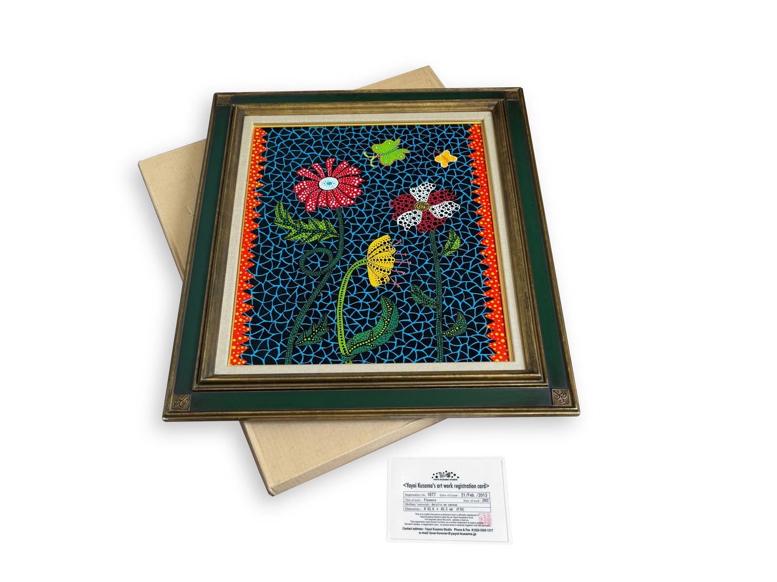 A ACRYLIC PAINTING ON CANVAS WITH THE MARK OF YAYOI KUSAMA: A ACRYLIC PAINTING ON CANVAS WITH THE MARK OF YAYOI KUSAMA Size:53*45.5cm;Framed dimensions:71*63.5cm