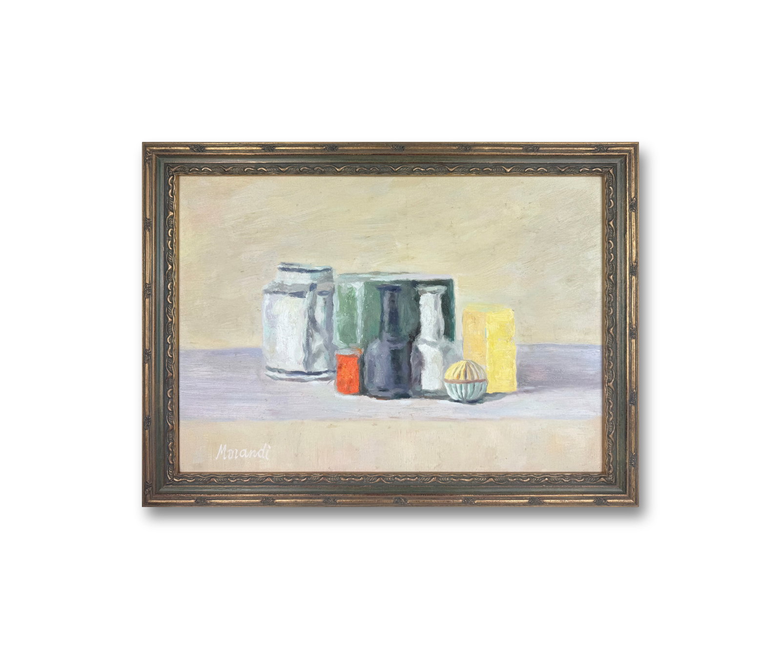 AN OIL PAINTING ON CANVAS WITH THE MARK OF GIORGIO MORANDI: AN OIL PAINTING ON CANVAS WITH THE MARK OF GIORGIO MORANDI Size:36*49cm;Framed dimensions:43*56cm