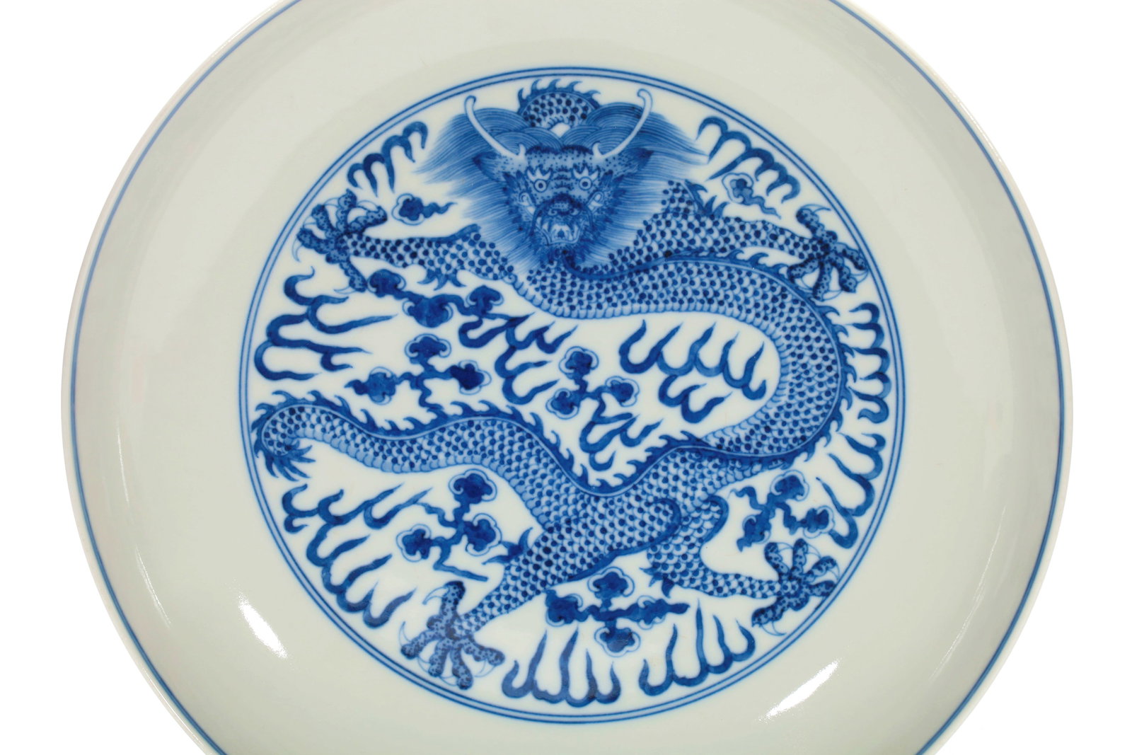 A BLUE AND WHITE DRAGON DISH - 2