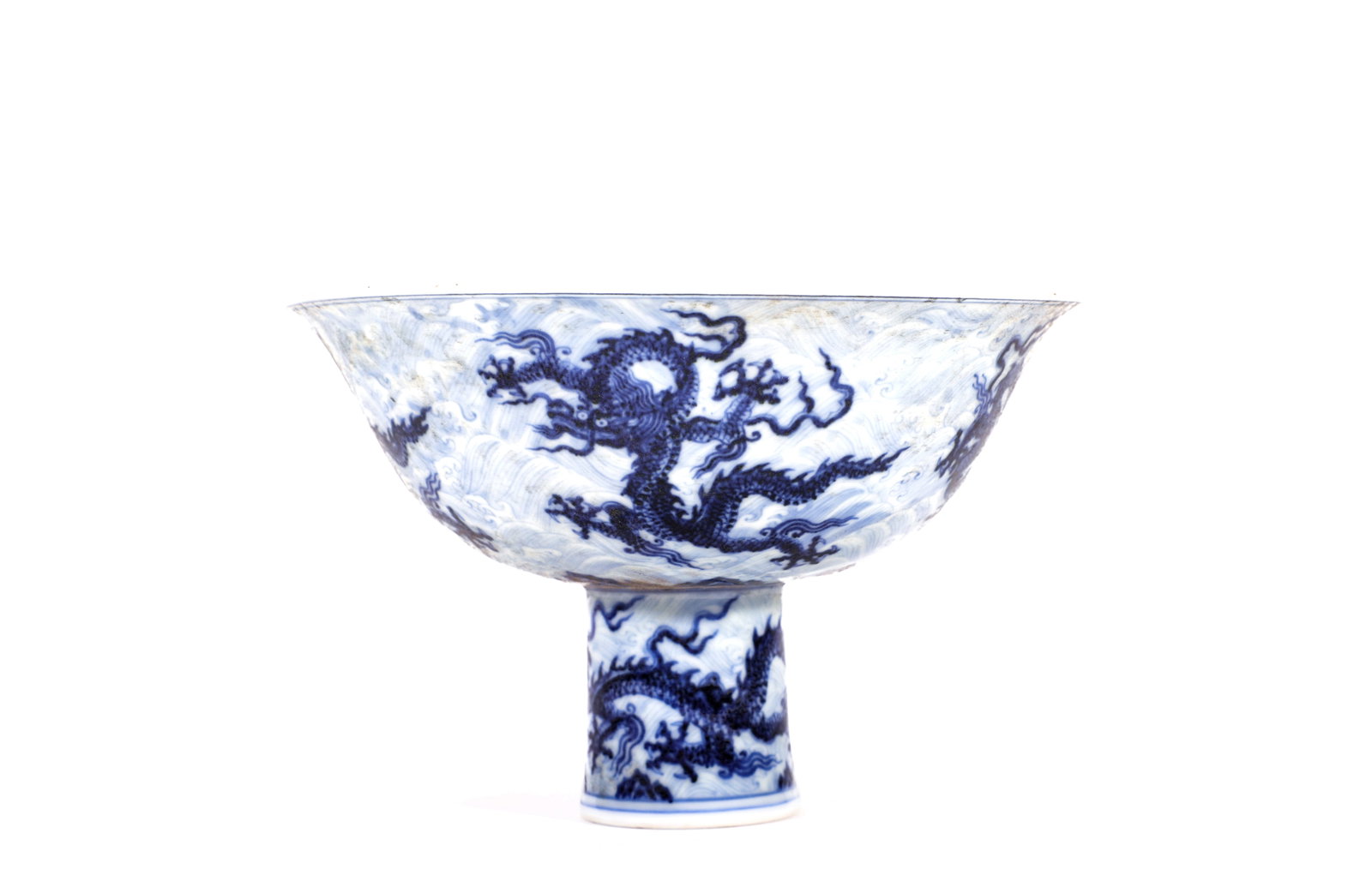 A BLUE AND WHITE DRAGON CLOUD STEM BOWL - 3