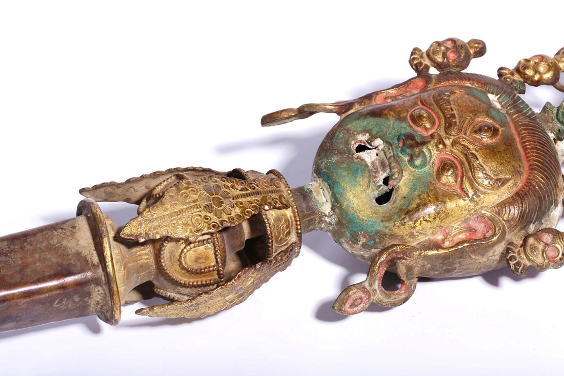 A GILT-BRONZE AND PAINTED PHURBA - 10