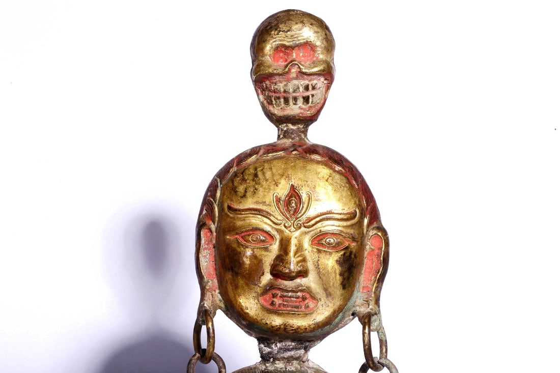 A GILT-BRONZE AND PAINTED PHURBA - 4