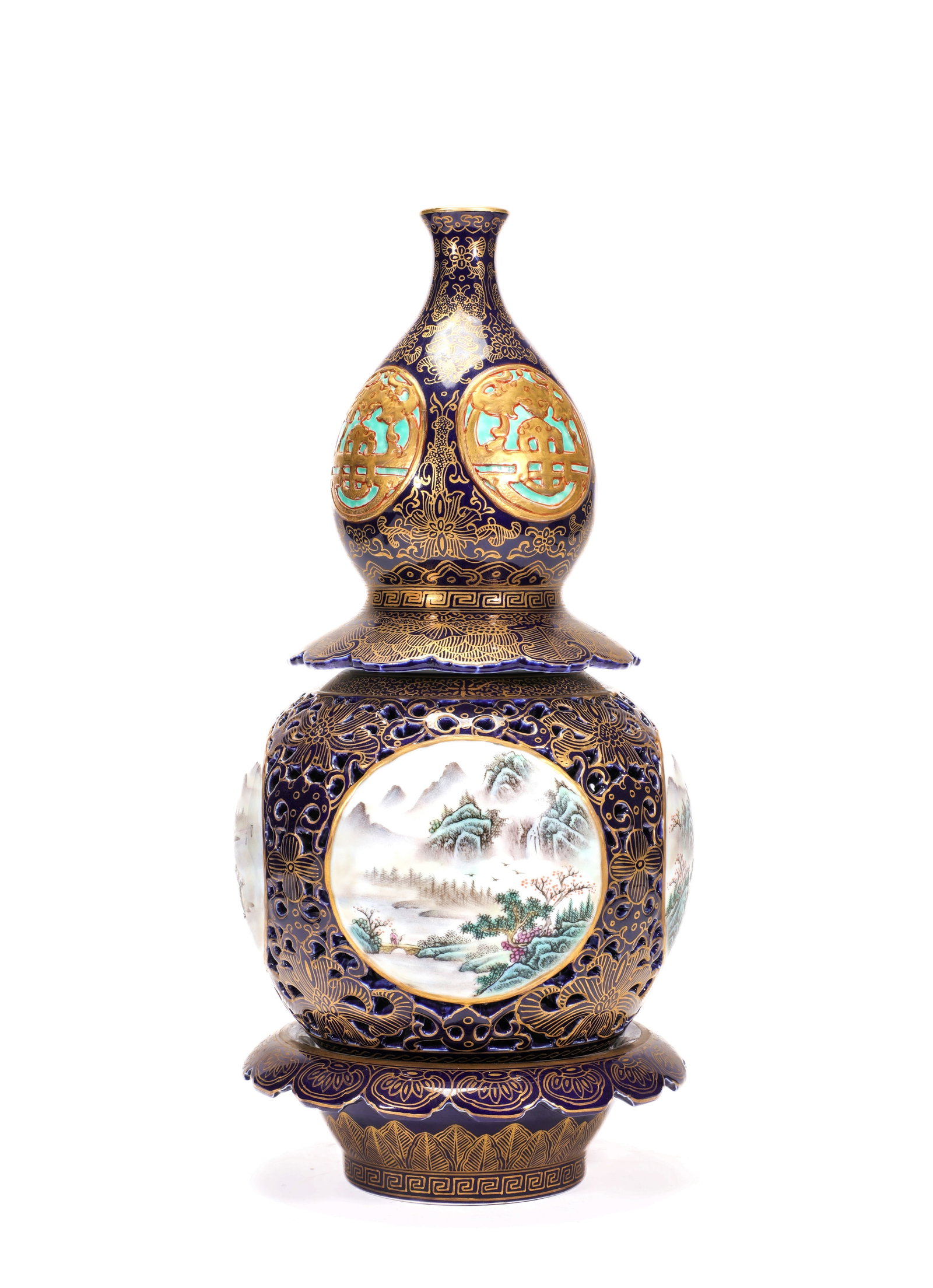 A SKY-BLUE GILT-DECORATED FAMILLE-ROSE TURNING GOURD VASE: A SKY-BLUE GILT-DECORATED FAMILLE-ROSE TURNING GOURD VASE Size:Width:20cm,Height:40cm