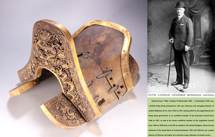 A GILT-BRONZE AND BIRCHWOOD-INLAID SADDLE WITH DRAGON MOTIFS: A GILT-BRONZE AND BIRCHWOOD-INLAID SADDLE WITH DRAGON MOTIFS Size:Height:26.5cm,Width:42cm;Weight:5200grams