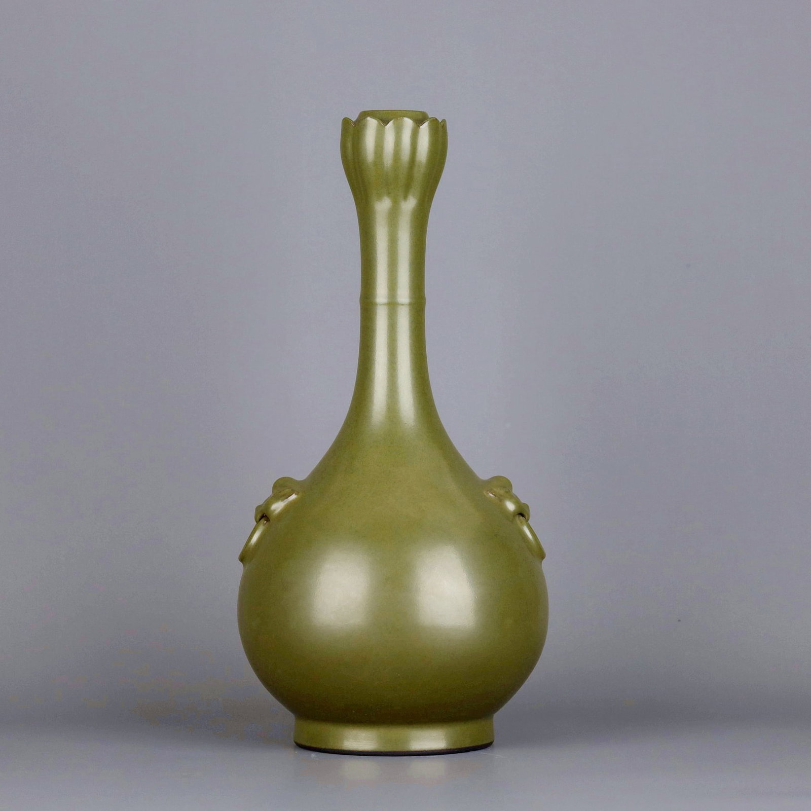 A TEA-DUST GLAZED ANIMAL-EAR LOTUS-MOUTH VASE: A TEA-DUST GLAZED ANIMAL-EAR LOTUS-MOUTH VASE Size:Height:35.6cm,Diam:16.6cm