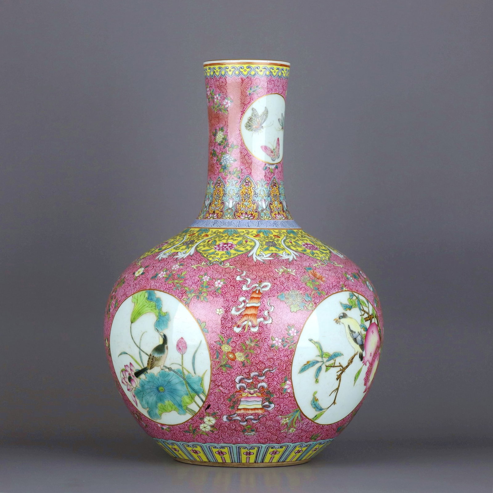 A RUBY-GROUND ENAMELLED FLOWER AND BIRD TIANQIUPING - 2