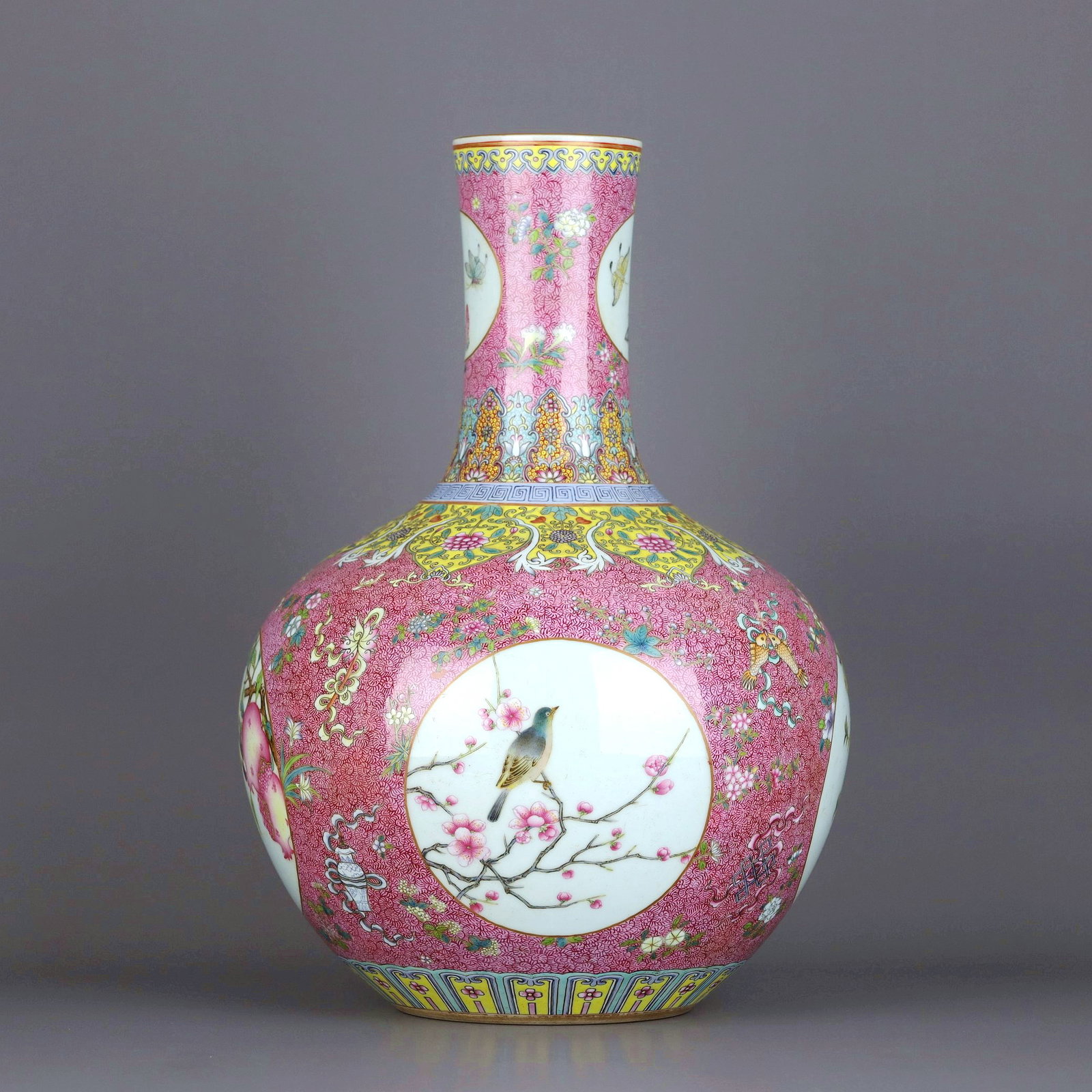 A RUBY-GROUND ENAMELLED FLOWER AND BIRD TIANQIUPING - 3