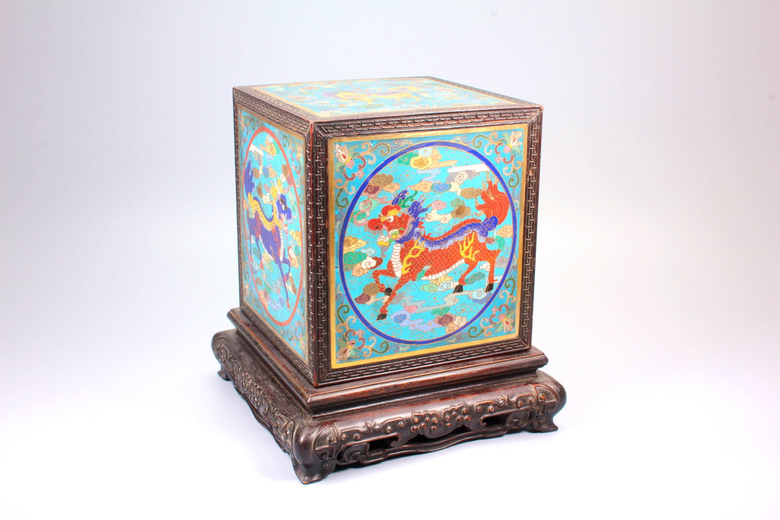 A ZITAN AND CLOISONNE ENAMEL SEAL CASKET WITH QILIN DECORATION: A ZITAN AND CLOISONNE ENAMEL SEAL CASKET WITH QILIN DECORATION Size:Height:23.4cm,Length:20.6cm,Width:20.6cm