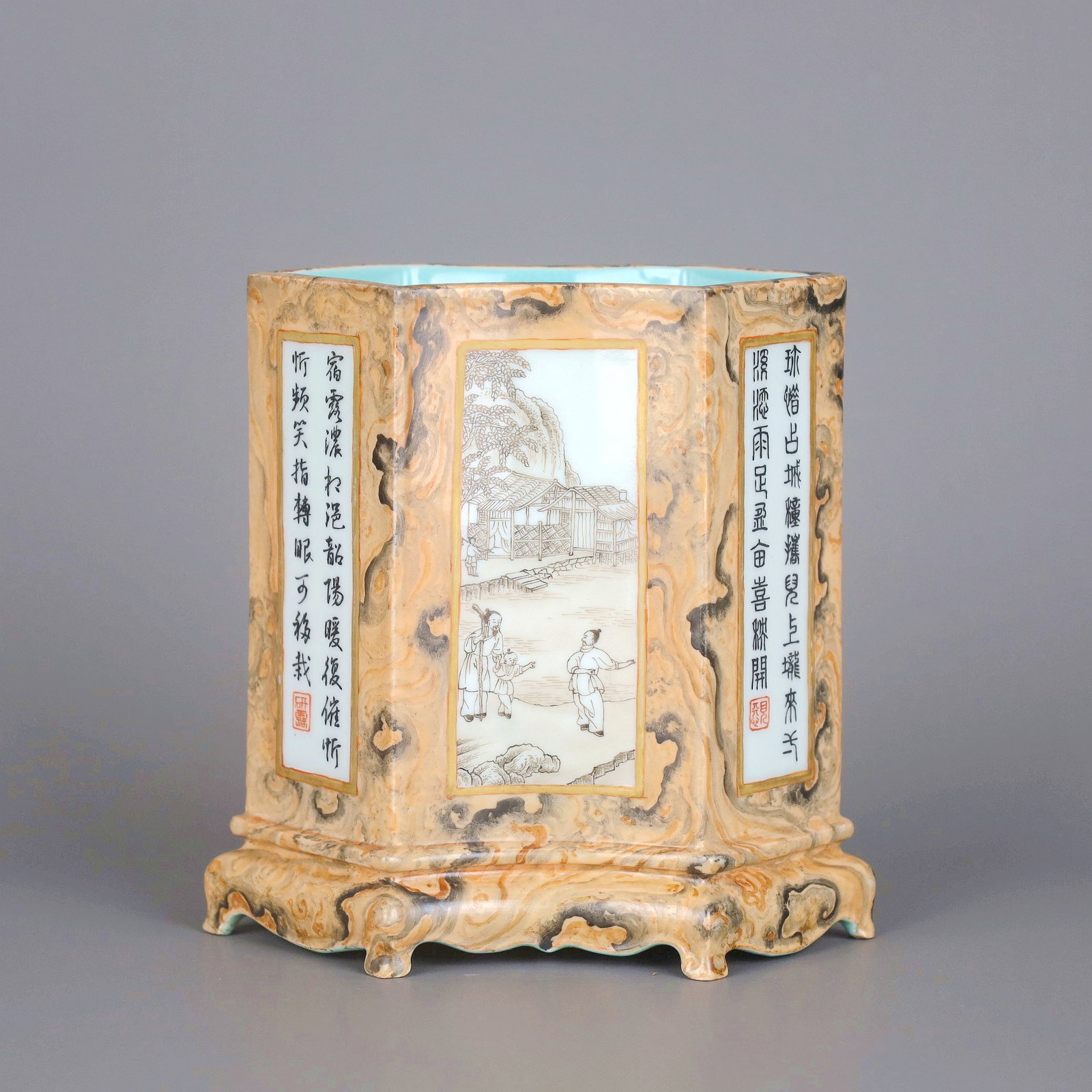 A STONY-GLAZED PANELED FIGURE AND POEM HEXAGONAL BRUSHPOT: A STONY-GLAZED PANELED FIGURE AND POEM HEXAGONAL BRUSHPOT Size:Height:12.8cm,Width:13cm