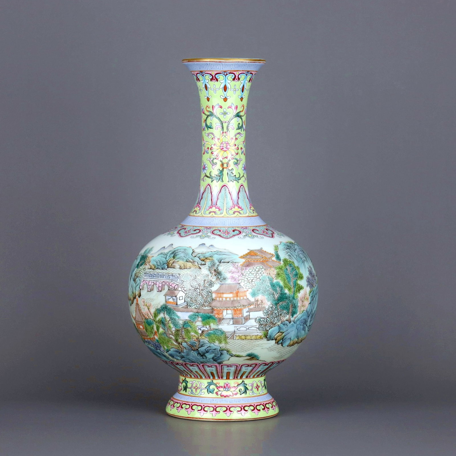 A GREEN-GROUND FAMILLE-ROSE LANDSCAPE POEM APPRECIATION VASE (1 of 9)