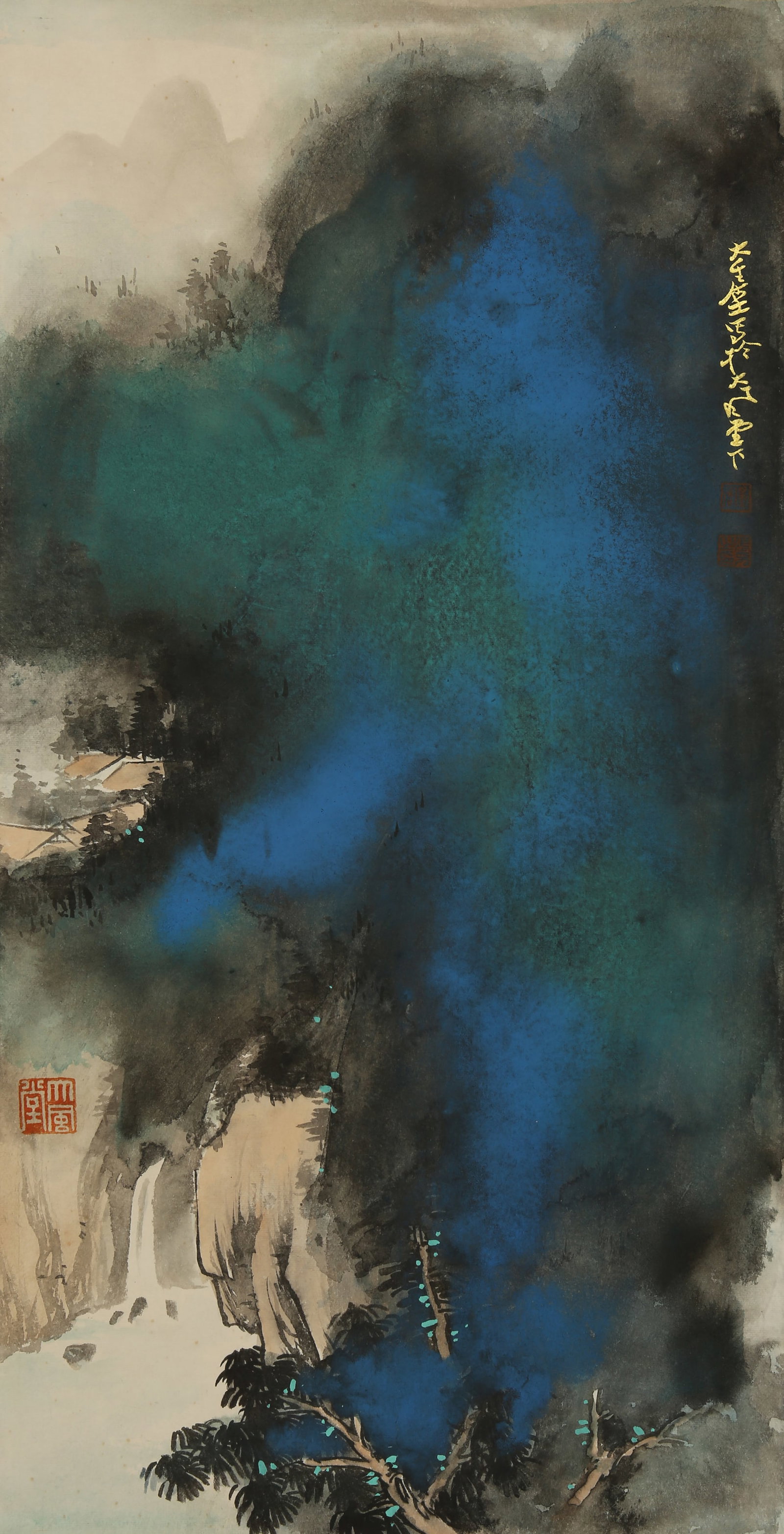 A CHINESE HAND PAINTING WITH THE MARK OF ZHANG DAQIAN: A CHINESE HAND PAINTING WITH THE MARK OF ZHANG DAQIAN Size:69*34cm