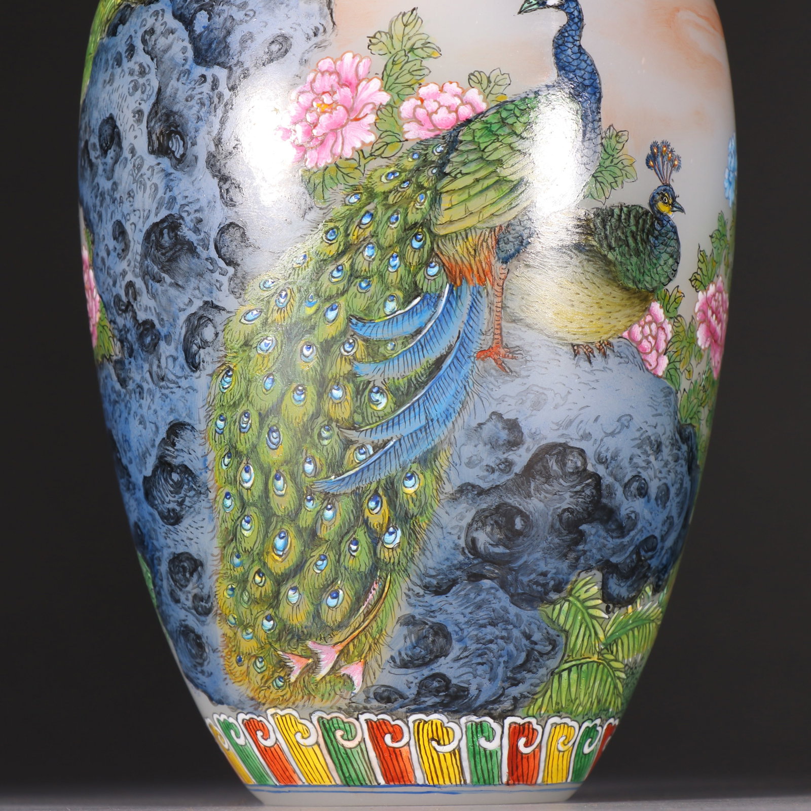 Glassware Enamel Blue Base Peacock Pattern Vase - 2