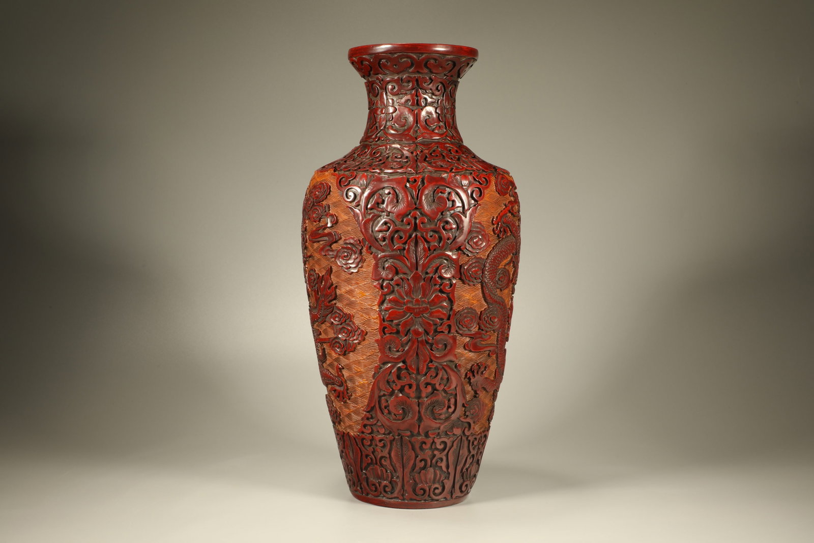 Lacquerware Red Carved Cloud and Dragon Pattern Vase - 2