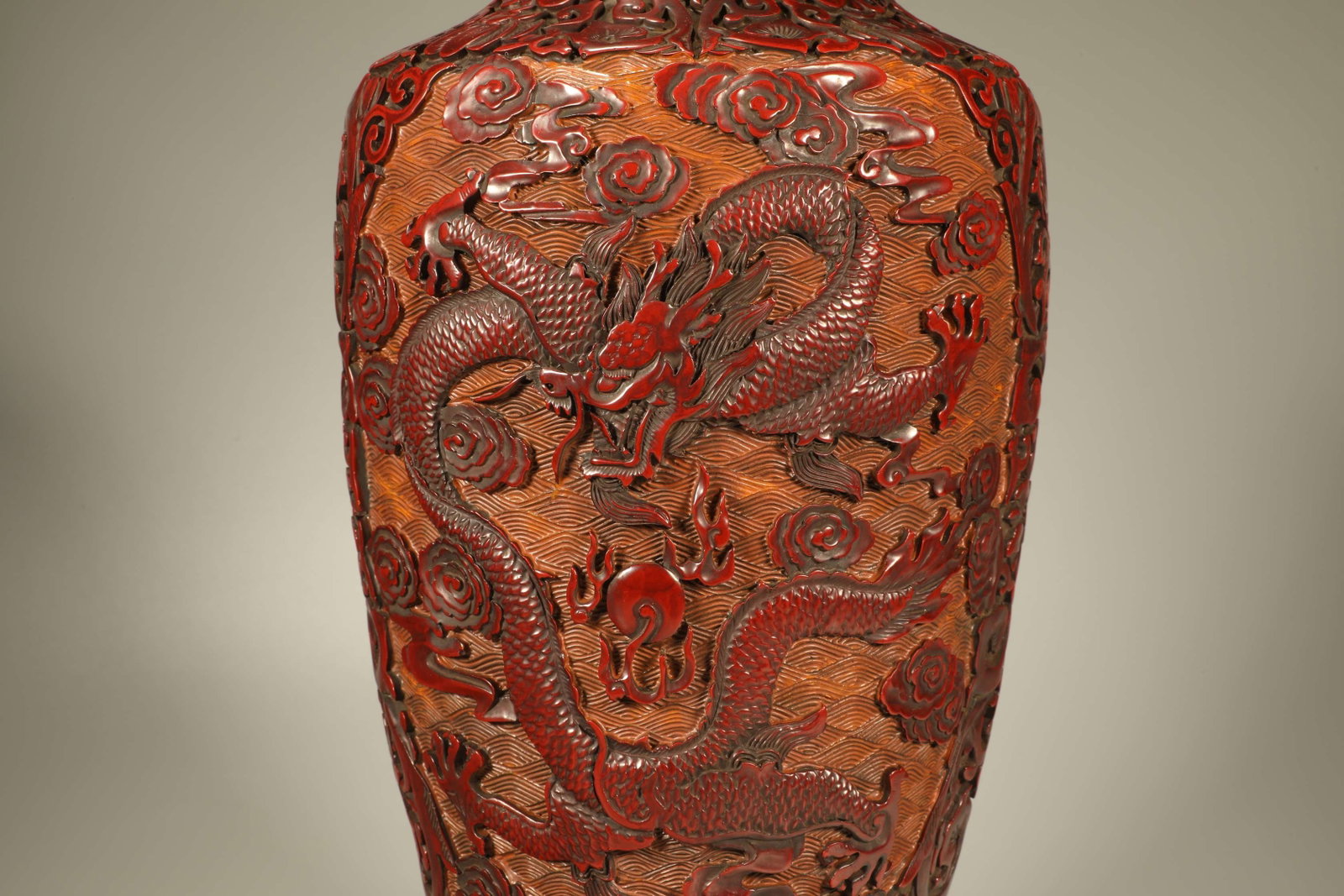 Lacquerware Red Carved Cloud and Dragon Pattern Vase - 4