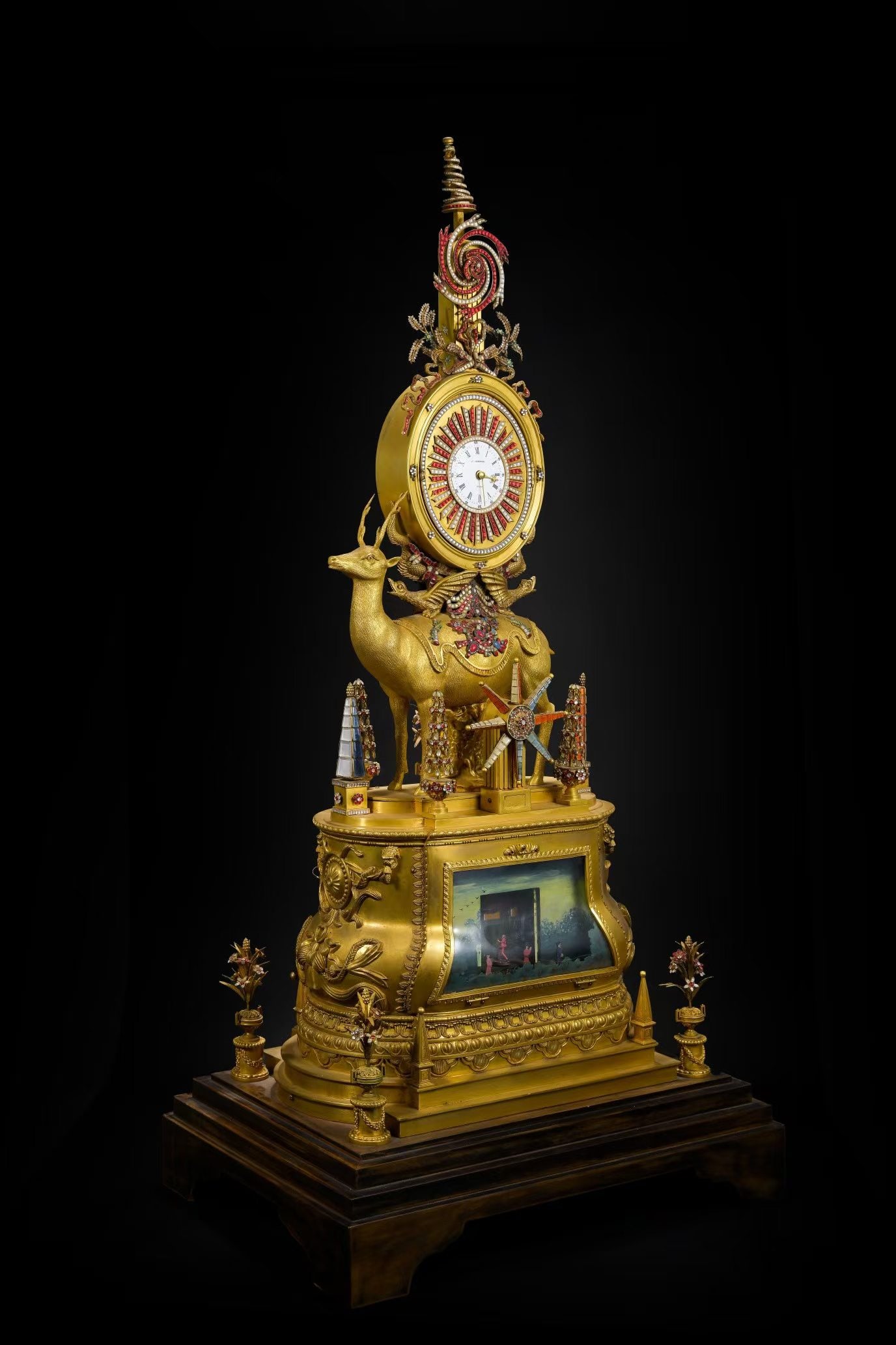 Gilt Bronze Inlaid Gem Stone Carved Character Story Pattern Deer Shape Clock: Gilt Bronze Inlaid Gem Stone Carved Character Story Pattern Deer Shape Clock (37 x 36cm)