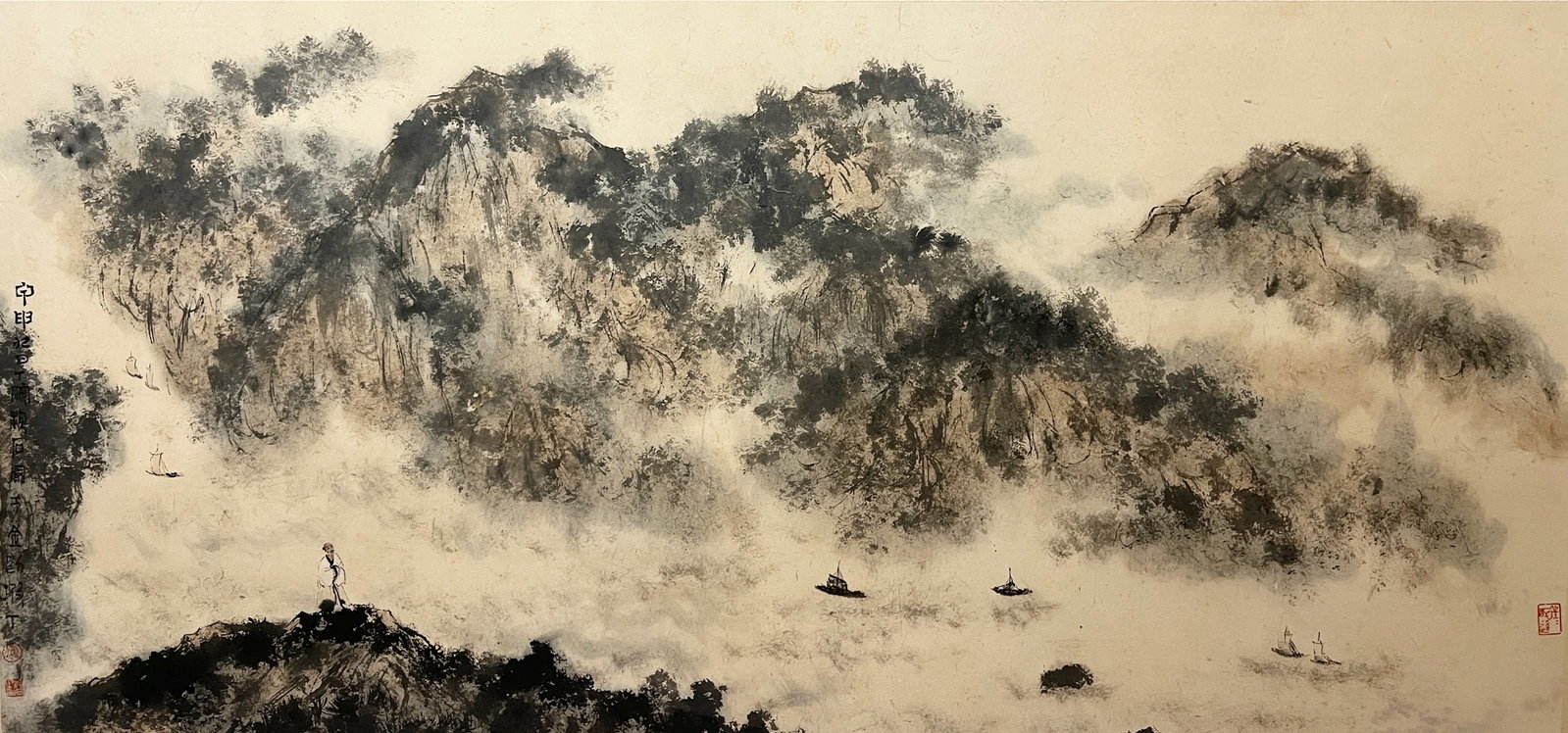 Fu Baoshi mark, Chinese Sailing Landscape painting. Ink and Color on Paper, Mounted: Fu Baoshi mark, Chinese Sailing Landscape painting. Ink and Color on Paper, Mounted (134 x 63cm)