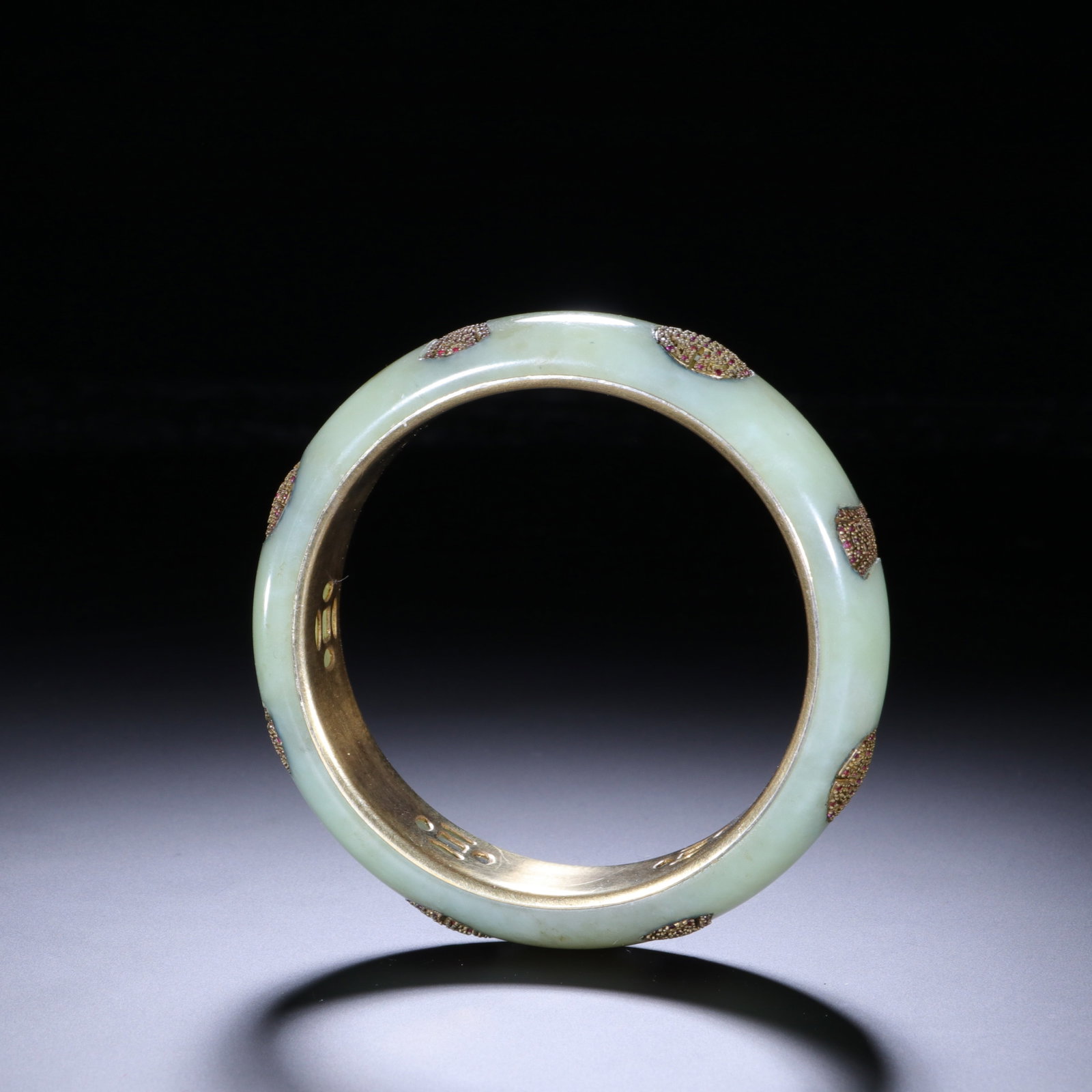 A HARDSTONES INLAID JADE BANGLE (1 of 6)