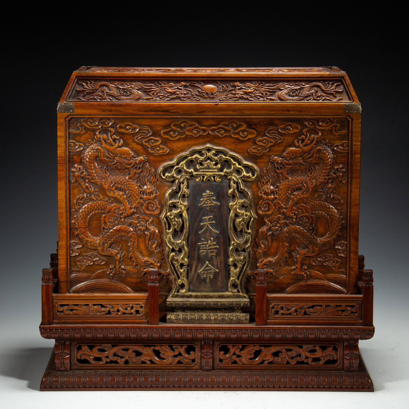 A CHINESE HUANGHUALI IMPERIAL EDICT BOX WITH DRAGON CARVINGS: A CHINESE HUANGHUALI IMPERIAL EDICT BOX WITH DRAGON CARVINGS (59 x 30 x 59cm)