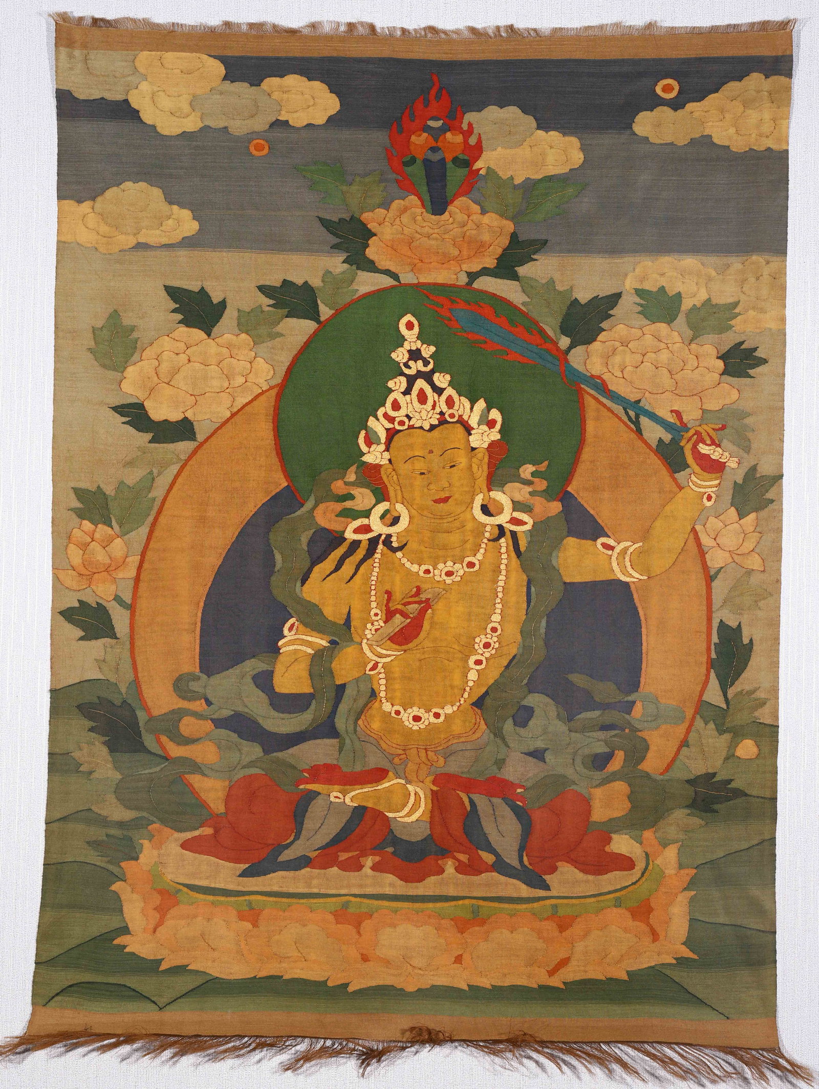 A CHINESE KESI SILK THANGKA OF MANJUSHRI: A CHINESE KESI SILK THANGKA OF MANJUSHRI (110 x 79cm)