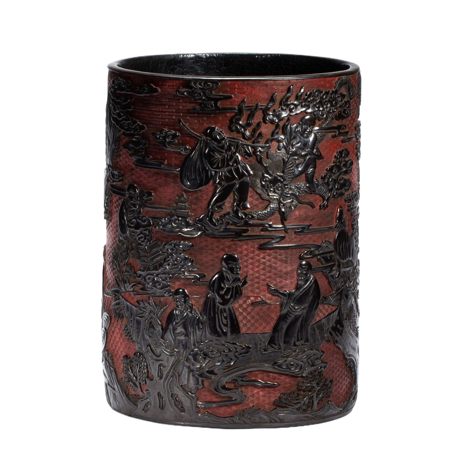A CHINESE CARVED CINNABAR LACQUER BRUSH POT (1 of 10)