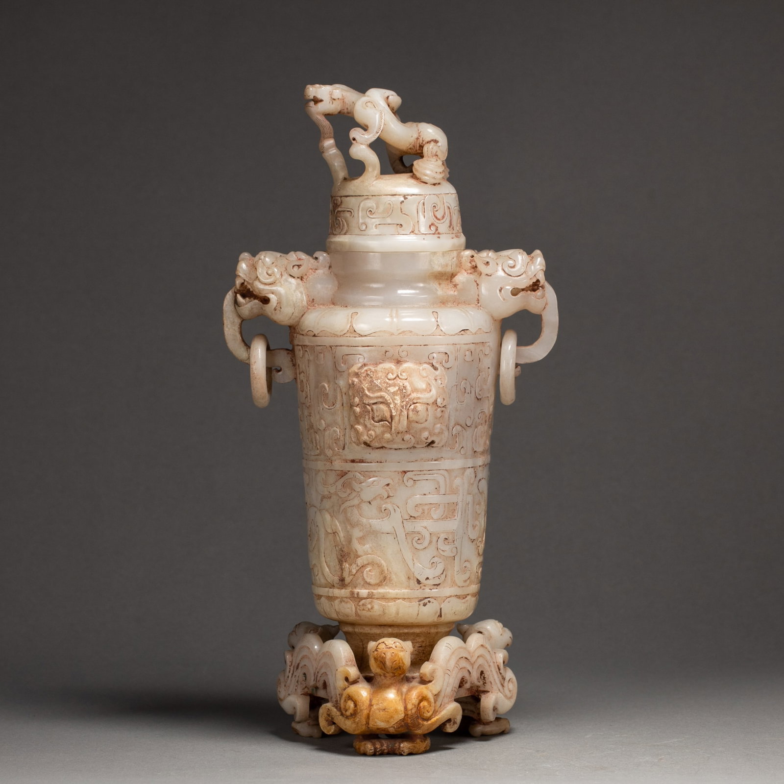 A CHINESE ARCHAISTIC JADE COVERED VASE WITH STAND (1 of 10)
