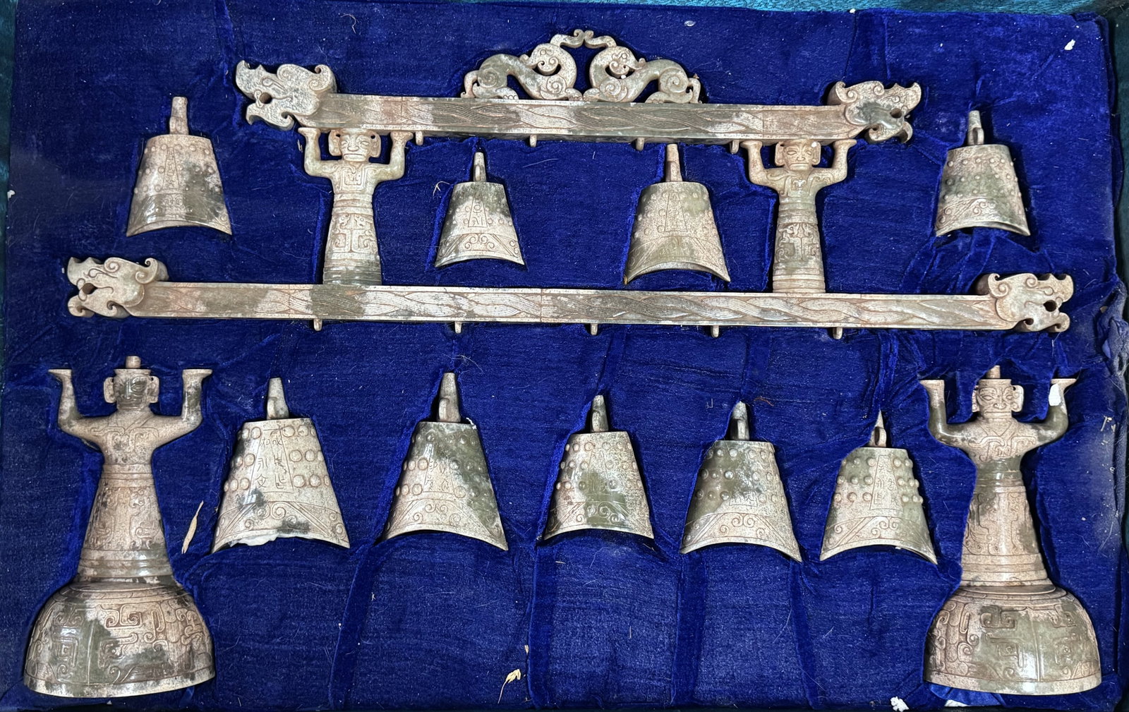 Group of Twelve Jade Carved Poetry Pattern Character and Dragon Shape Bell (1 of 20)