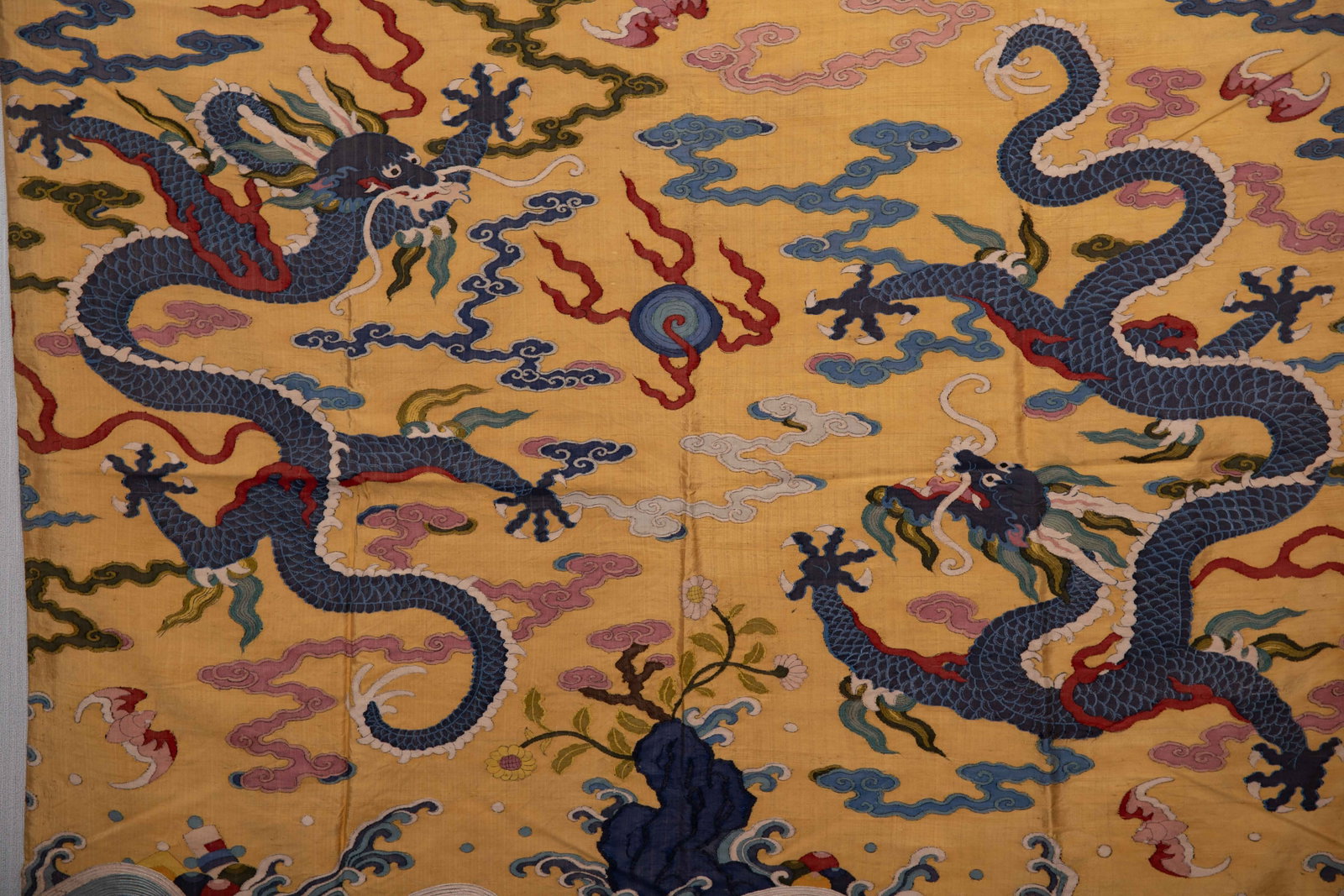 A CHINESE KESI "TWO DRAGONS CHASING PEARL" TEXTILE PANEL - 2