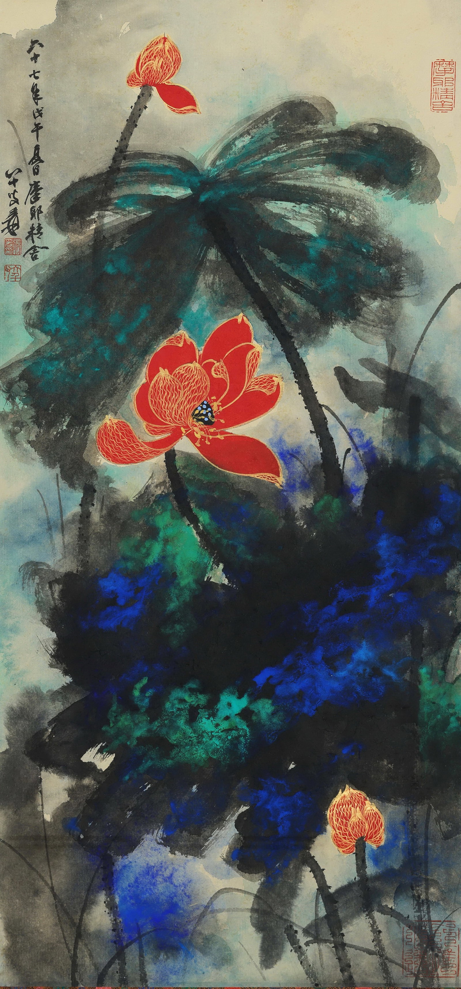 Zhang Daqian mark, Chinese Lotus Pond Painting. Ink and Color on Paper, Hanging Scroll: Zhang Daqian mark, Chinese Lotus Pond Painting. Ink and Color on Paper, Hanging Scroll (89 x 42cm)