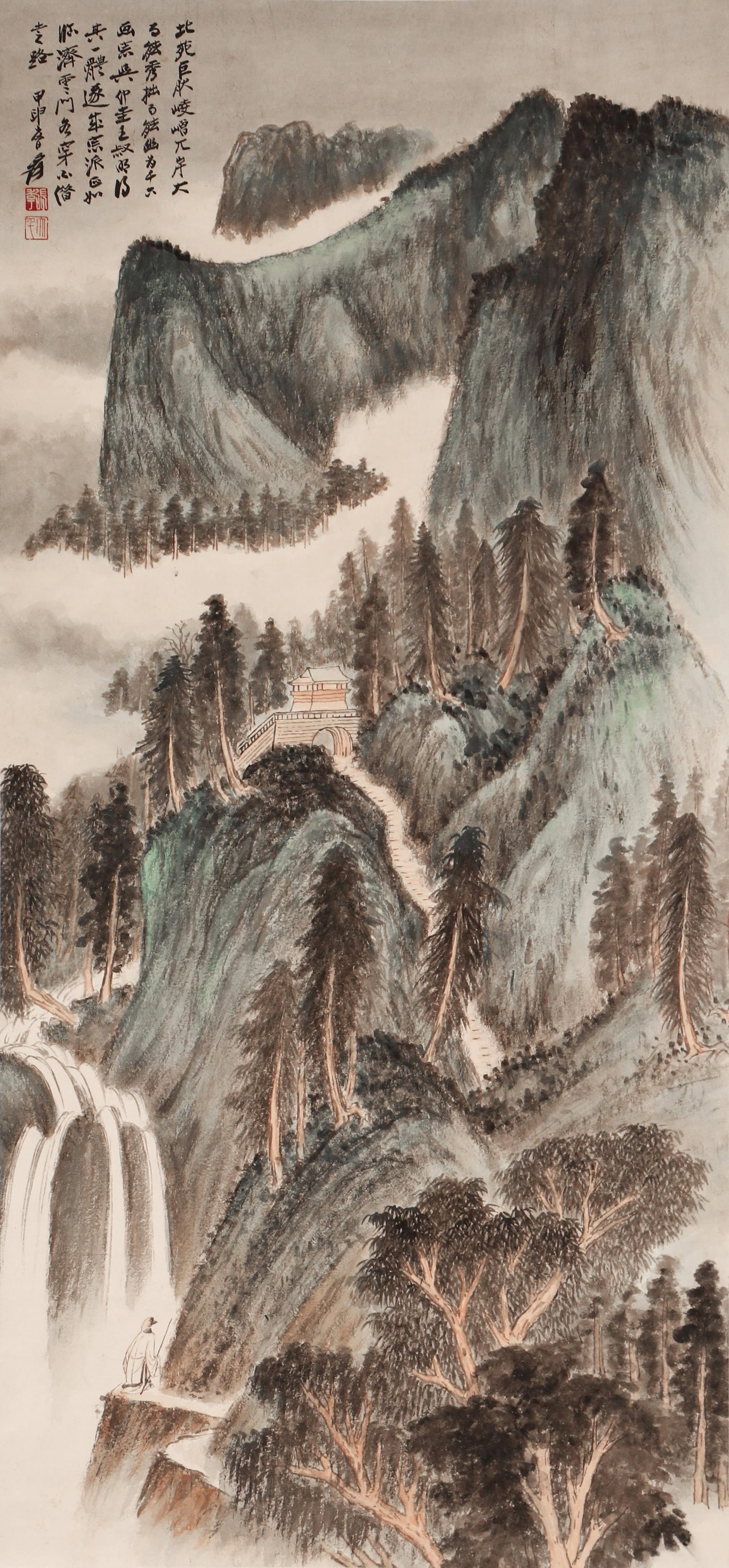 A CHINESE PAINTING OF WATERFALL LANDSCAPE, SIGNED ZHANG DAQIAN: A CHINESE PAINTING OF WATERFALL LANDSCAPE, SIGNED ZHANG DAQIAN (139 x 65cm)