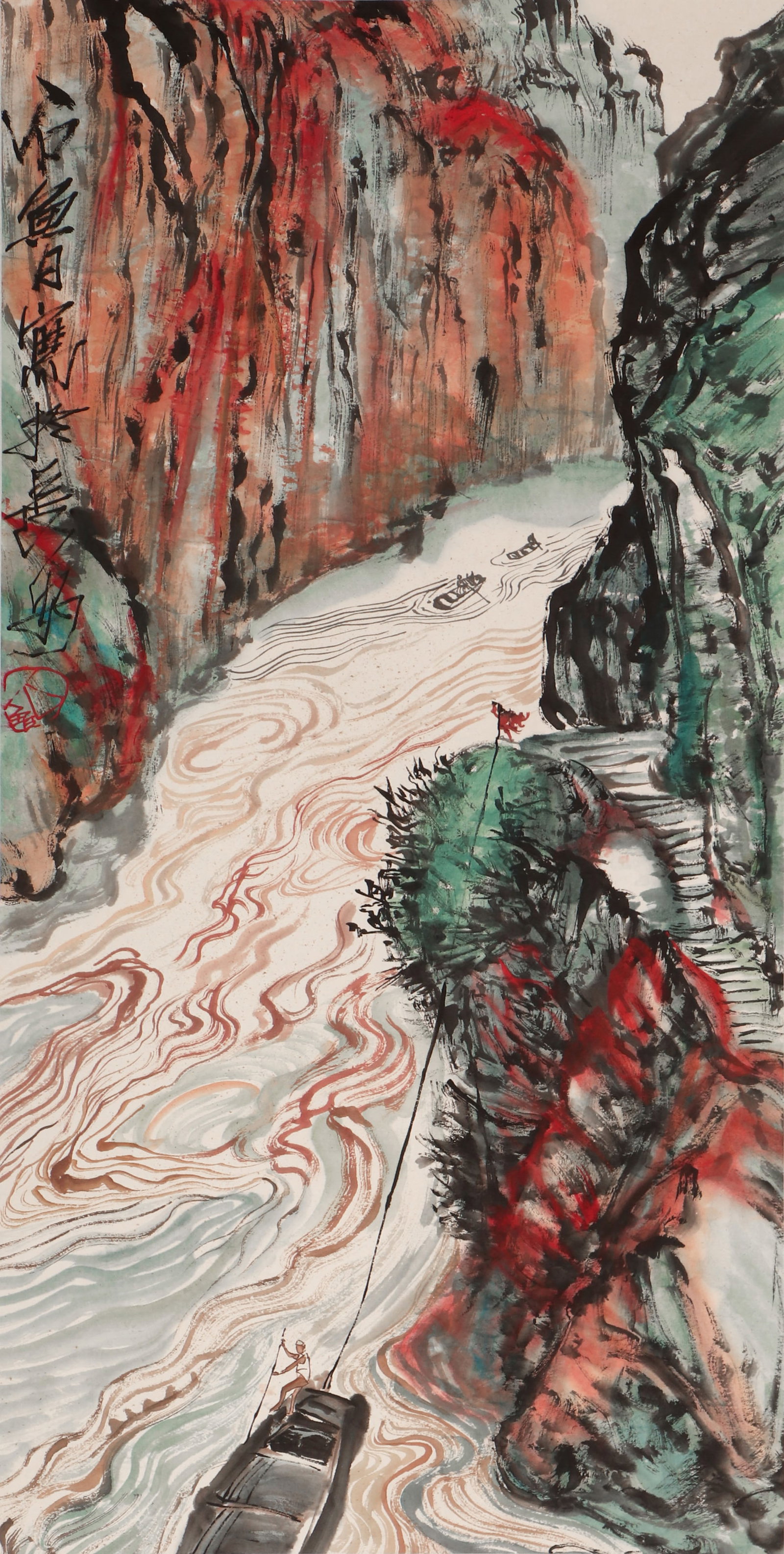A CHINESE PAINTING OF GORGE RIVER, SIGNED SHI LU: A CHINESE PAINTING OF GORGE RIVER, SIGNED SHI LU (100 x 45cm)