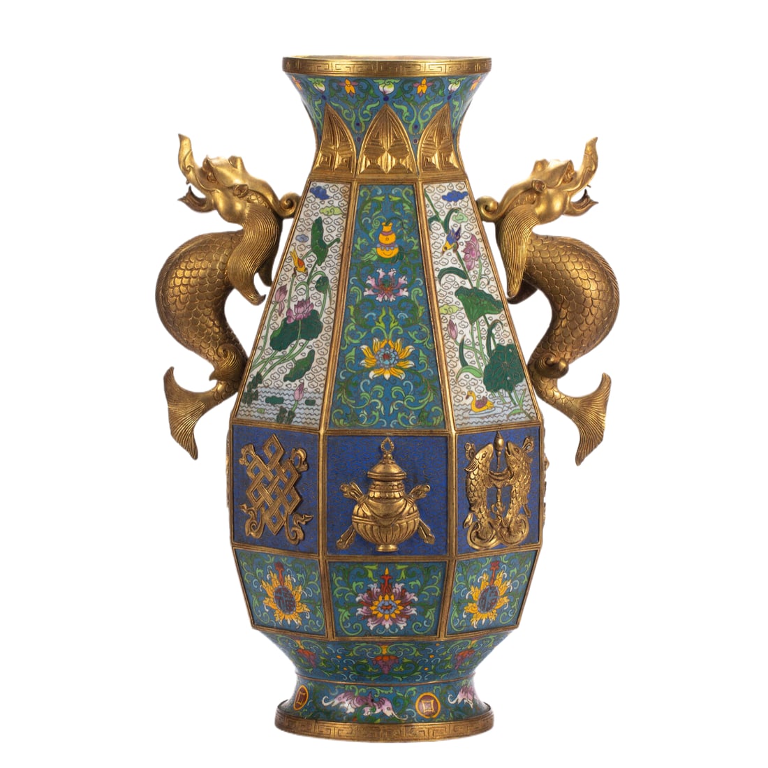 A CHINESE CLOISONNE DRAGON-HANDLED VASE: A CHINESE CLOISONNE DRAGON-HANDLED VASE (28 x 19 x 43cm,Weight 9170g)