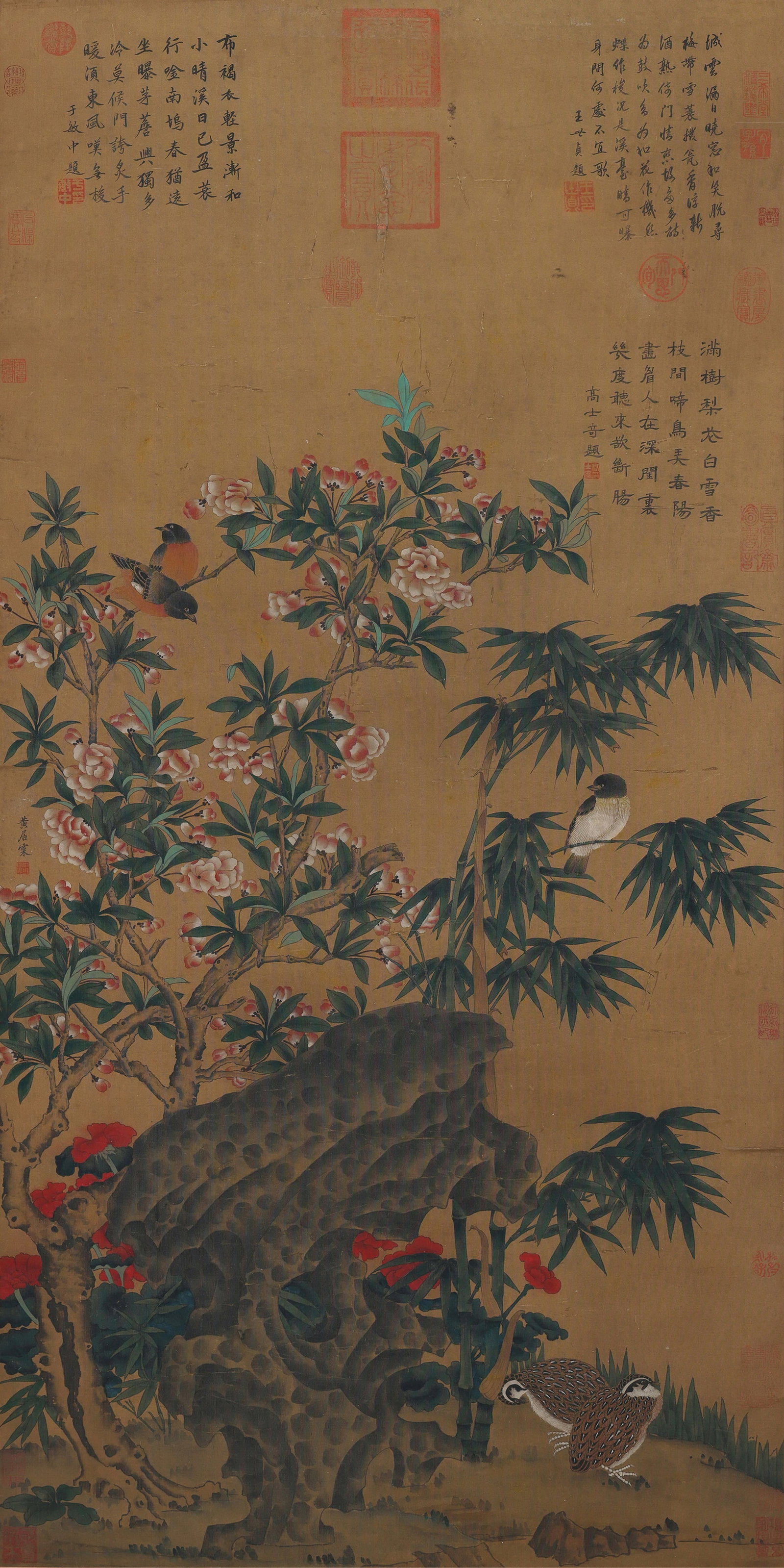 Huang Jucai mark, Chinese Flower and Bird Painting. Ink and Color on Silk, Hanging Scroll: Huang Jucai mark, Chinese Flower and Bird Painting. Ink and Color on Silk, Hanging Scroll (127 x 64cm)