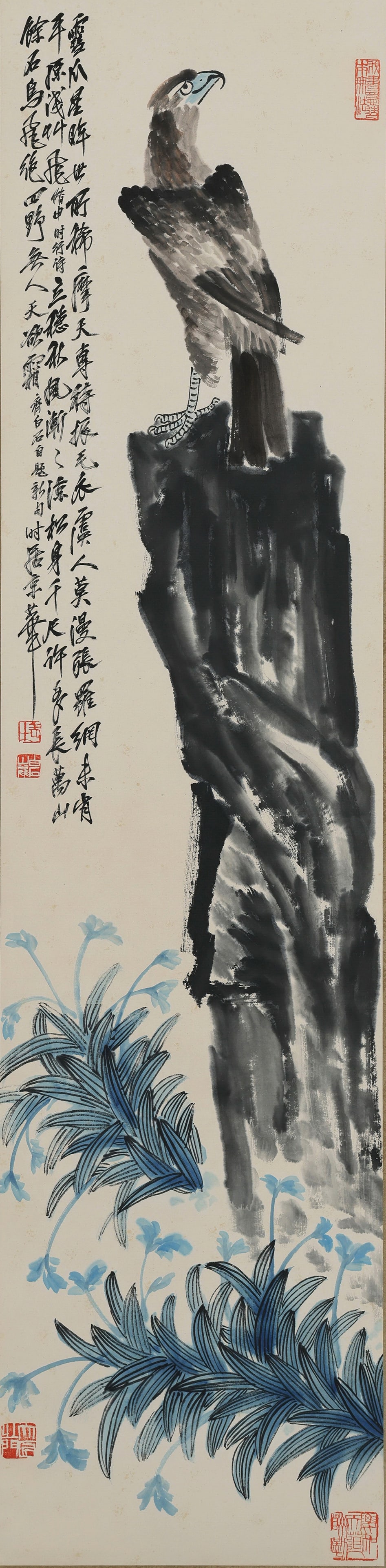 Qi Baishi mark, Chinese Eagle and Stone Painting. Ink and Color on Paper, Hanging Scroll: Qi Baishi mark, Chinese Eagle and Stone Painting. Ink and Color on Paper, Hanging Scroll (136 x 34cm)