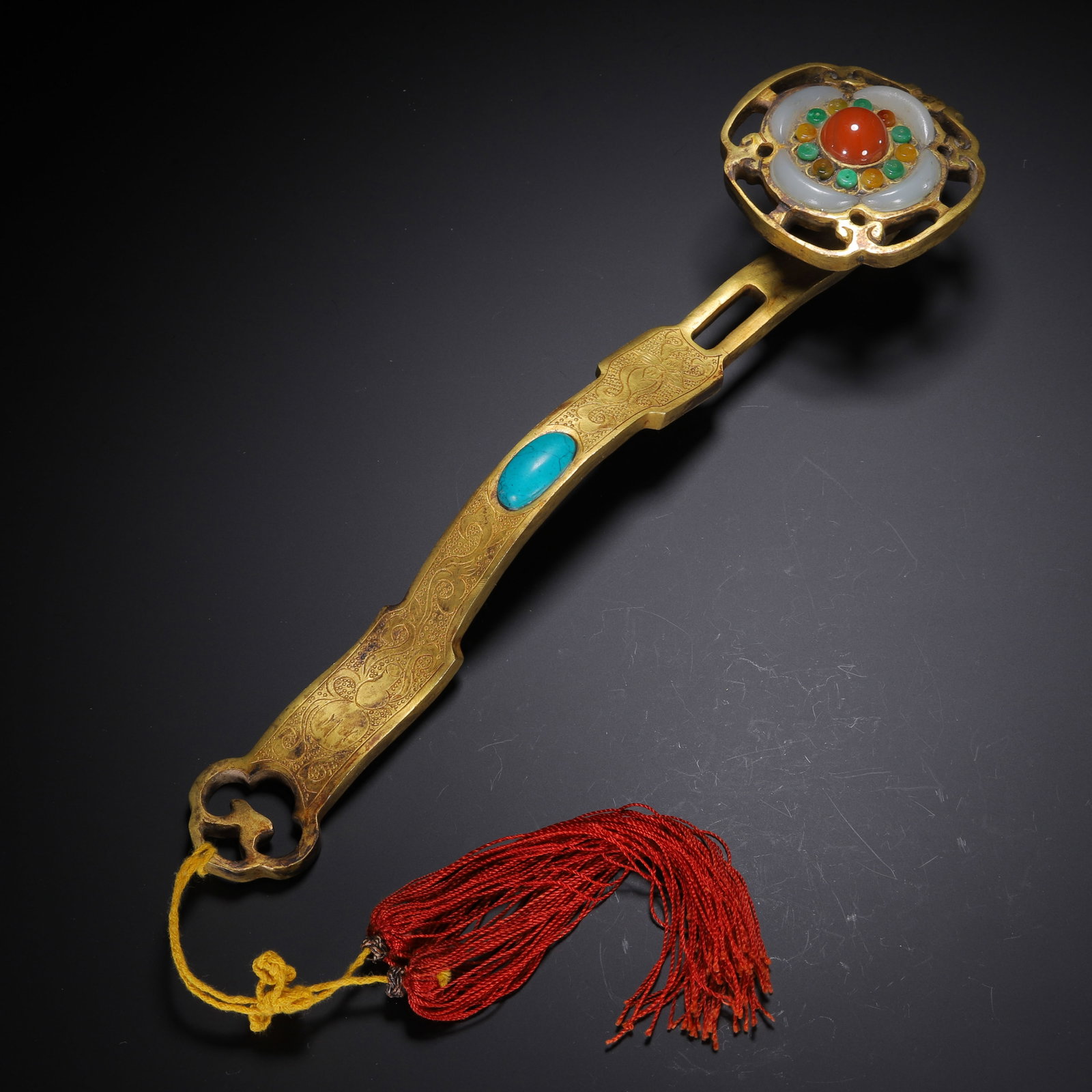 A HARDSTONES INLAID BRONZE-GILT RUYI SCEPTER: A HARDSTONES INLAID BRONZE-GILT RUYI SCEPTER (31.5 x 7.5 x 5cm,Weight 620g)