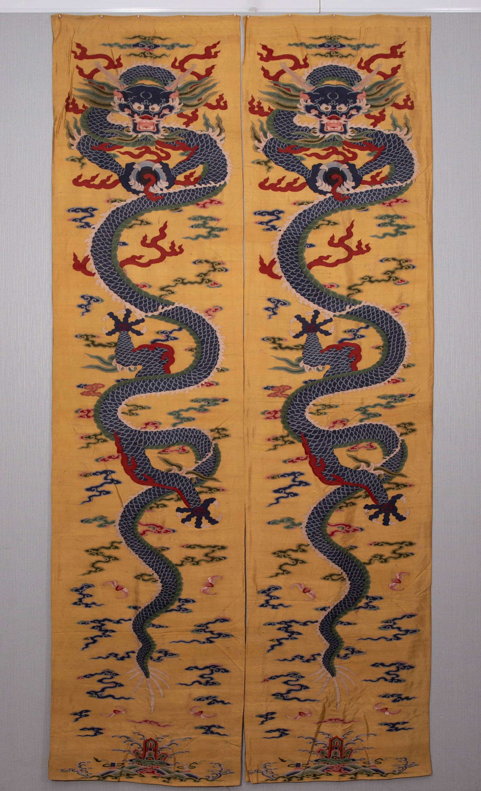 A PAIR OF CHINESE KESI DRAGON PANELS: A PAIR OF CHINESE KESI DRAGON PANELS (295 x 71cm)