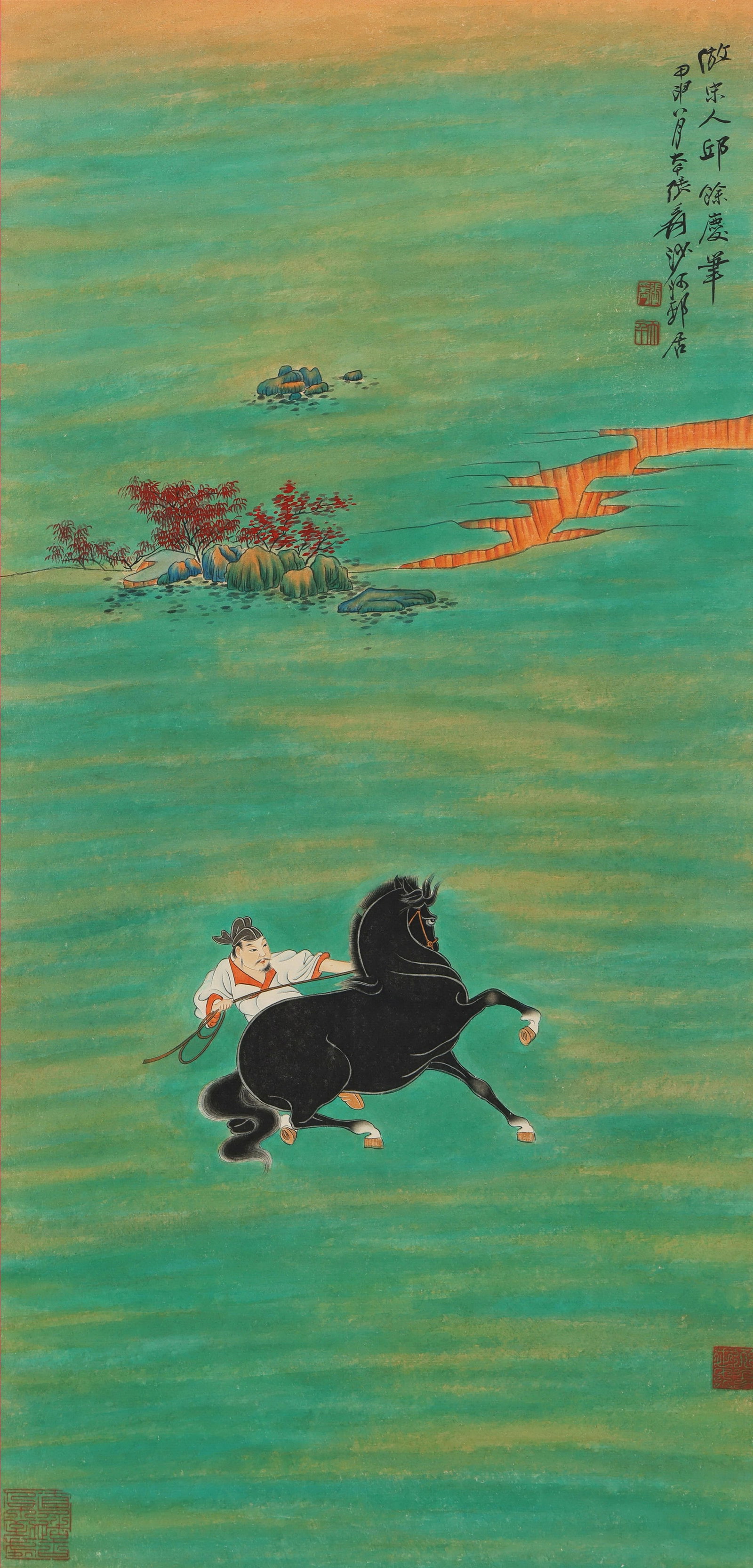 Zhang Daqian mark, Chinese Horse and Figure Painting. Ink and Color on Paper, Hanging Scroll: Zhang Daqian mark, Chinese Horse and Figure Painting. Ink and Color on Paper, Hanging Scroll (92 x 44cm)